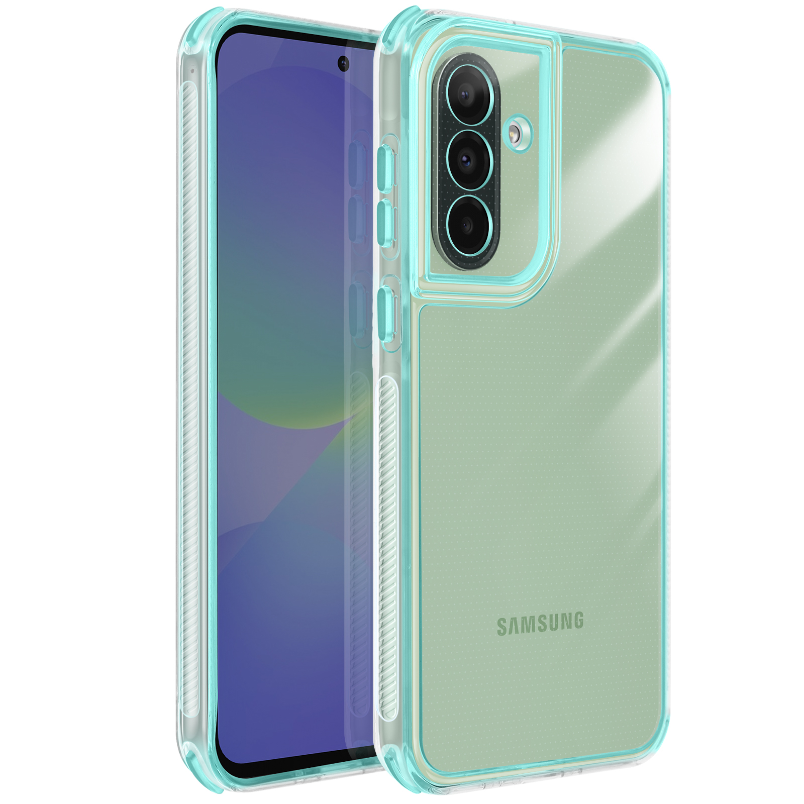 Une coque de téléphone transparente avec une bordure bleu-vert, protégeant un téléphone Samsung. Le téléphone a un écran et une caméra.