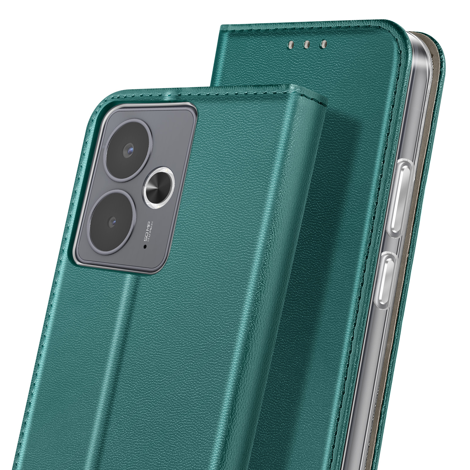 Primo piano di una custodia per telefono verde acqua con un telefono all'interno. La custodia ha una superficie strutturata e dettagli della fotocamera.