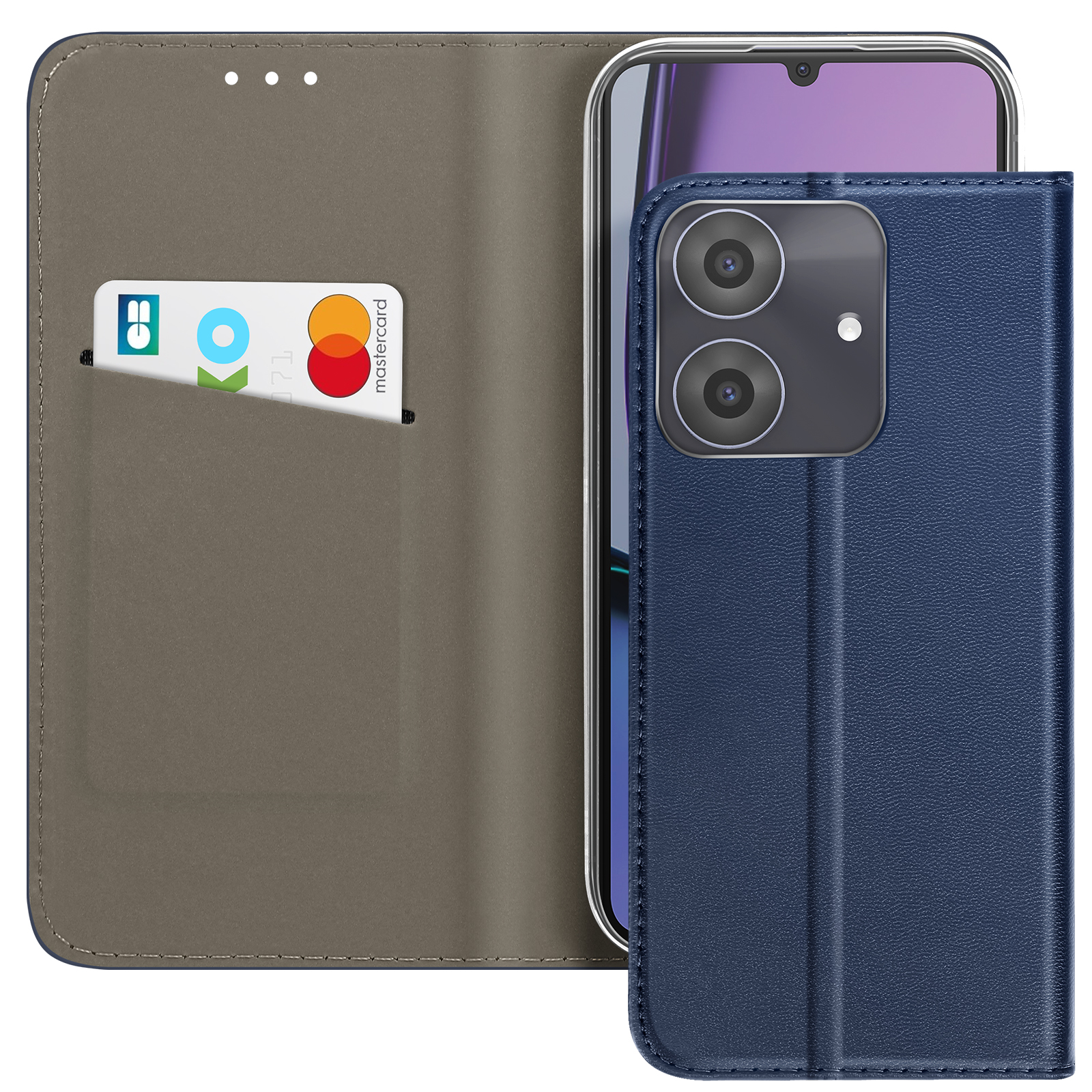 Una custodia blu per telefono con uno slot per carte contenente una carta. Uno smartphone è nella custodia, con lo schermo visibile.