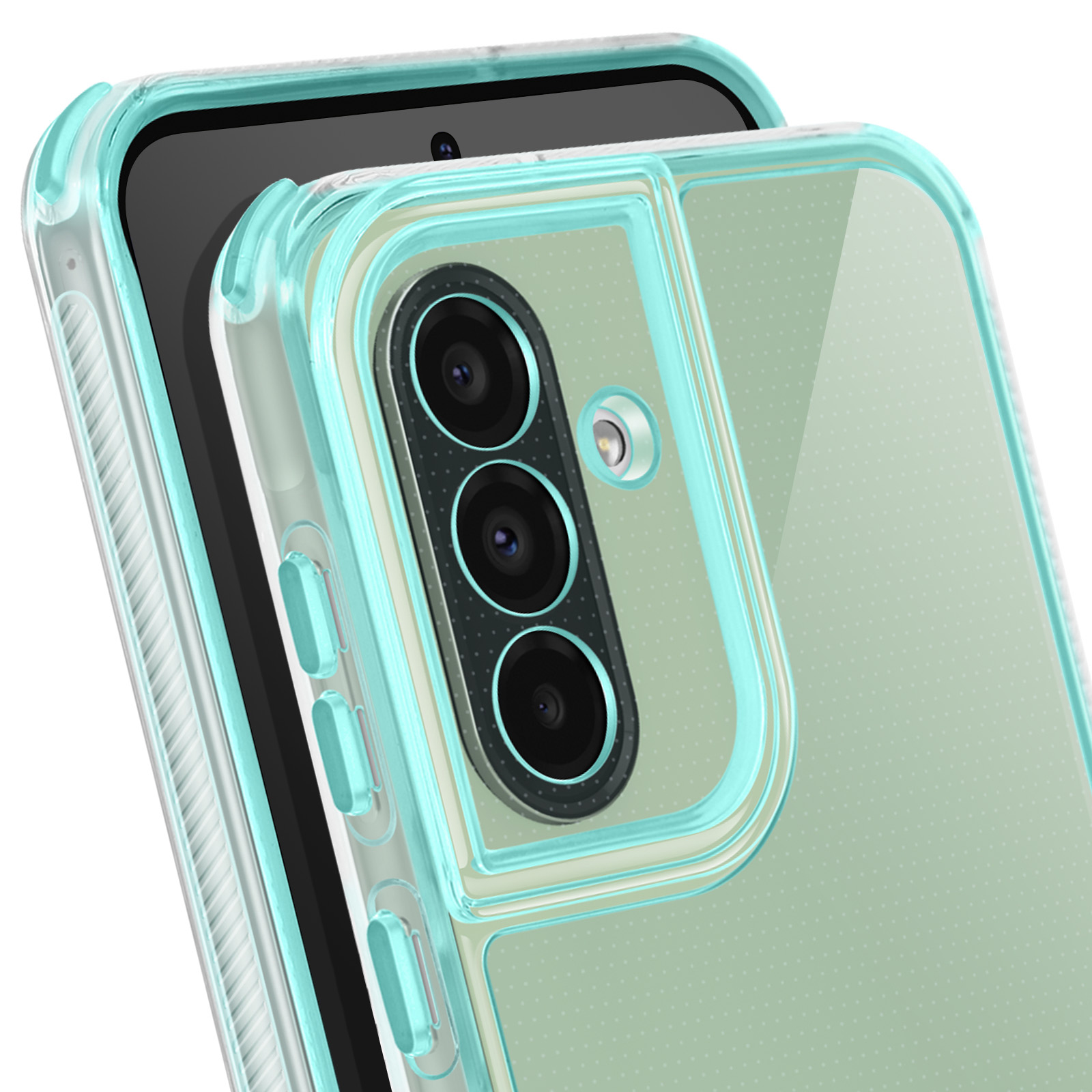 Gros plan d'un téléphone dans un étui transparent à bords turquoise. Le téléphone a un écran noir et plusieurs objectifs d'appareil photo.