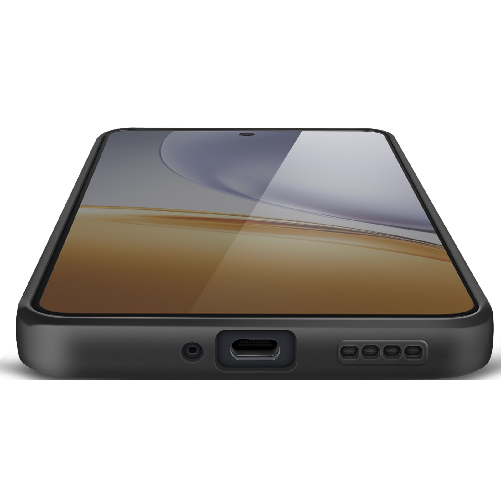 Uno smartphone nero leggermente inclinato verso l'alto. Lo schermo mostra un'immagine sfocata in tonalità oro e grigio.