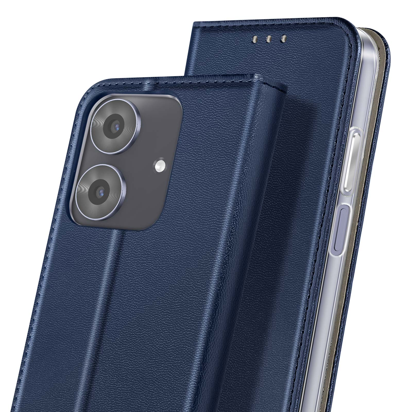 Primo piano di una custodia blu. La custodia ha una superficie strutturata, con doppia fotocamera visibile.
