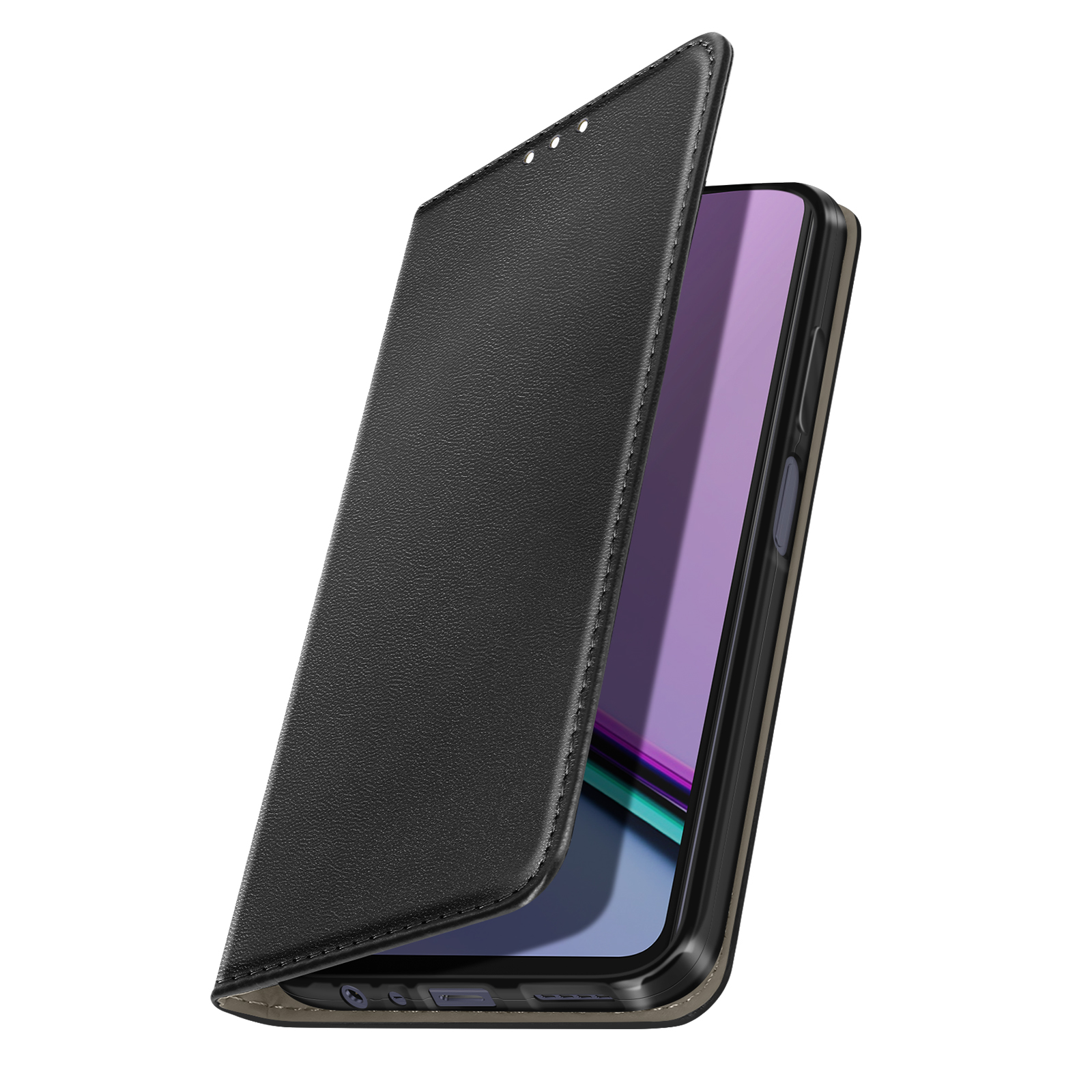 Custodia per telefono in pelle nera con coperchio aperto, che rivela lo schermo del telefono. Lo sfondo è bianco.