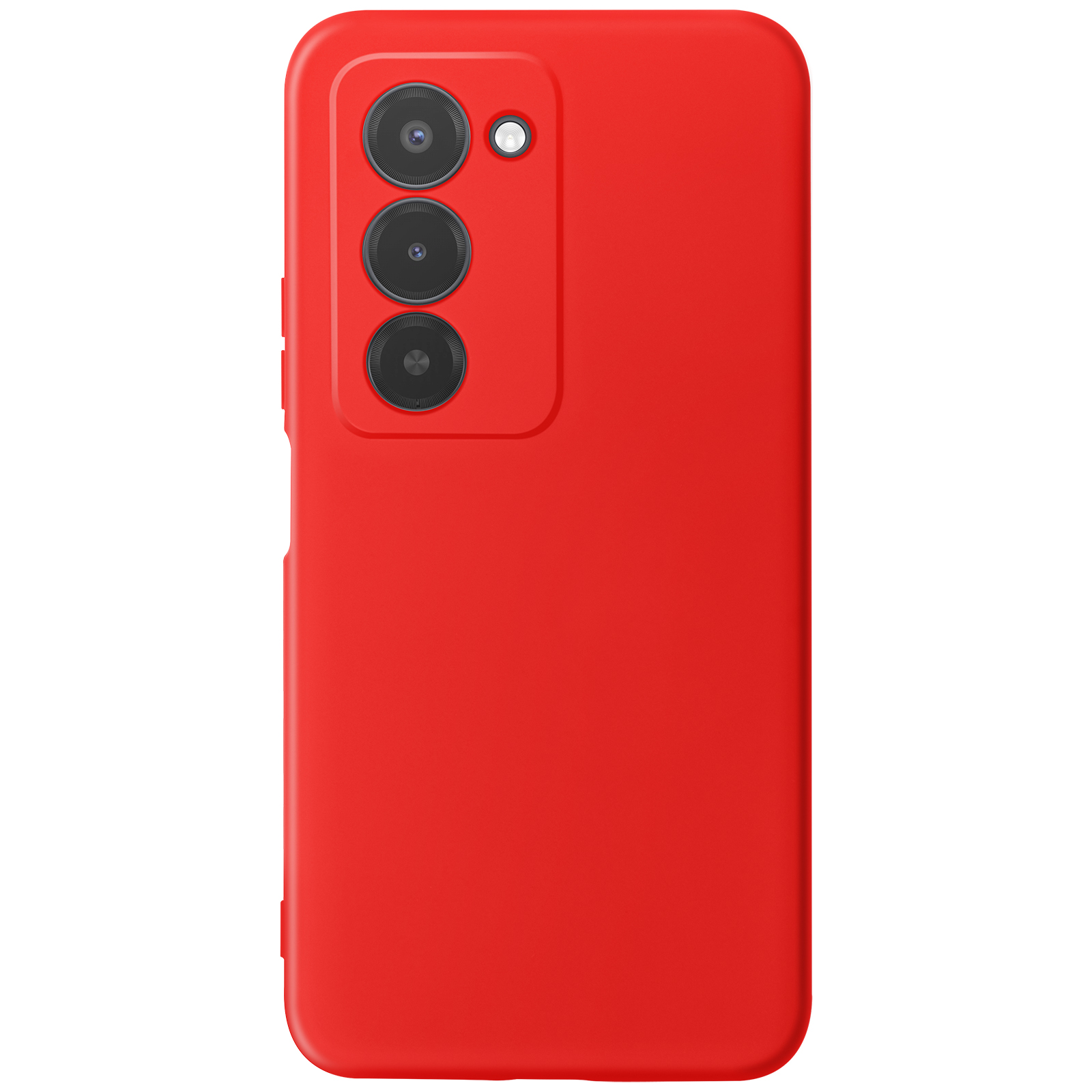 Une coque de téléphone rouge avec trois objectifs et un flash. C'est sur fond blanc.