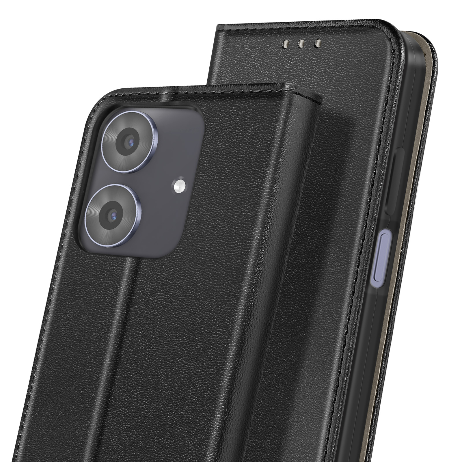 Custodia nera per telefono con ritagli per fotocamera, aperta che mostra un telefono. Aspetto pelle strutturata. Pulsanti e obiettivi visibili.