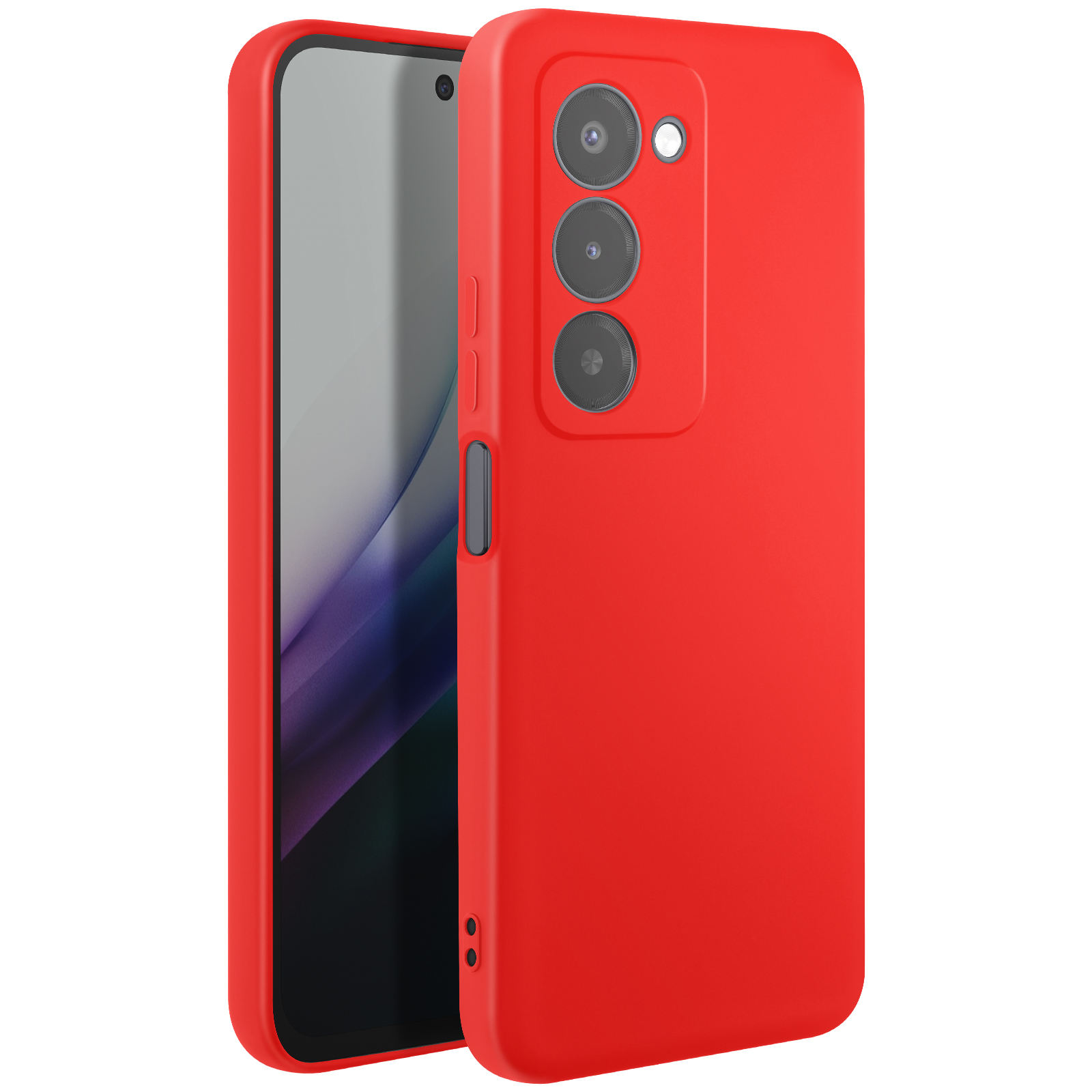 Une coque de téléphone rouge et un téléphone. La coque est ouverte, révélant l'écran. Le téléphone a des caméras.