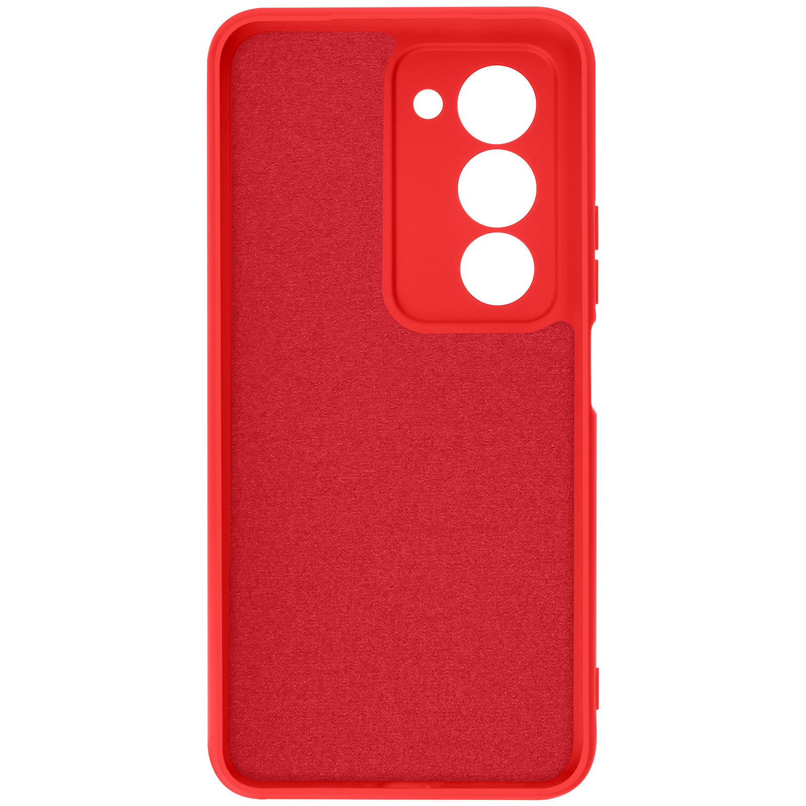 Une coque de téléphone rouge avec une surface texturée. Elle a des ouvertures pour les objectifs de caméra et les boutons.