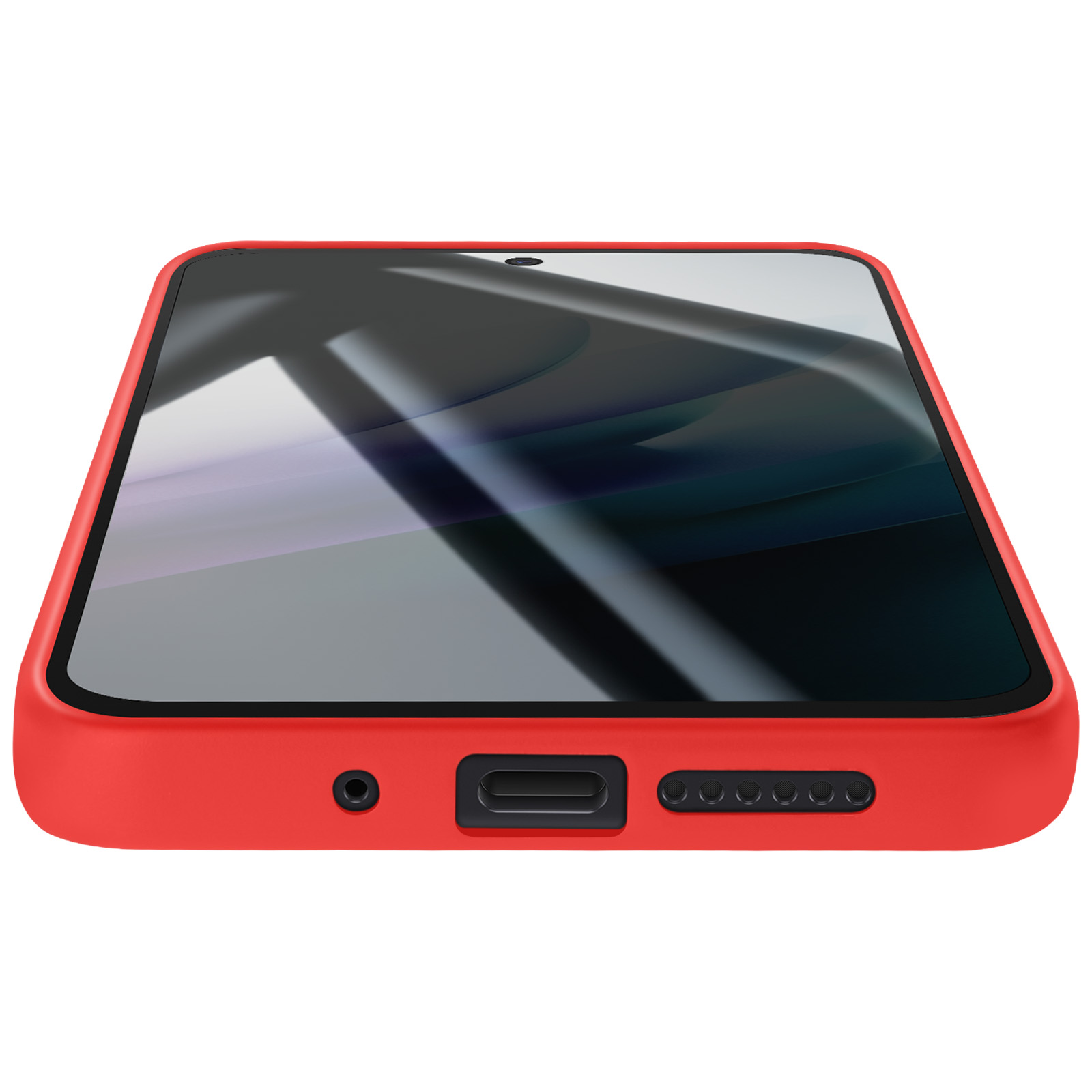 Une coque de téléphone rouge avec un écran noir. La coque a un port de charge, des trous pour haut-parleurs et une petite ouverture pour la caméra.