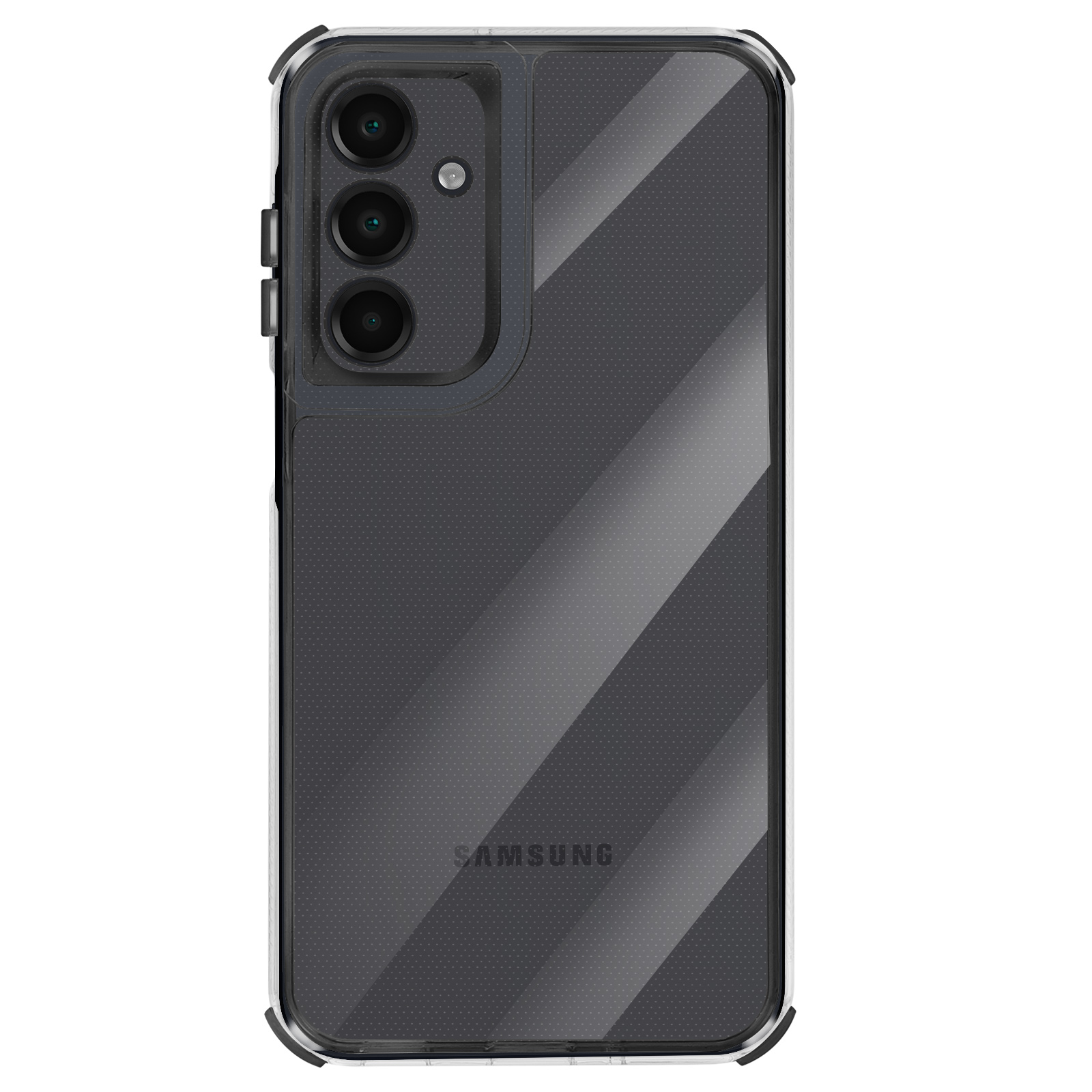 Custodia trasparente per telefono su sfondo bianco. Ha una sezione fotocamera con tre obiettivi e un logo Samsung.