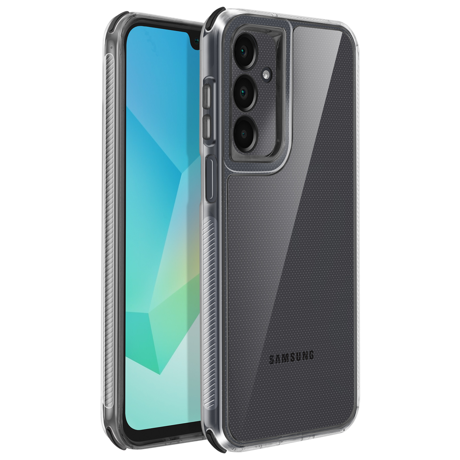 Una custodia trasparente per telefono su uno smartphone. Il telefono mostra un motivo geometrico colorato. La custodia ha un ritaglio per la fotocamera.