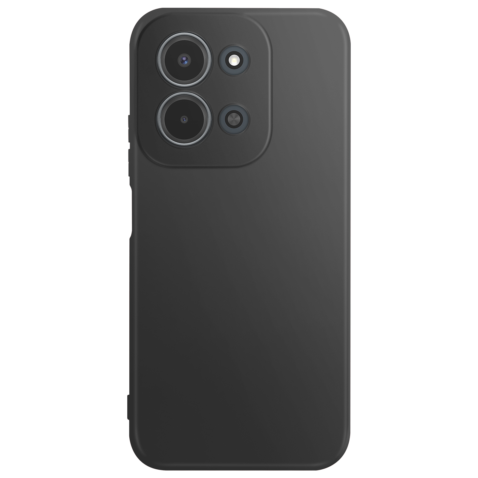 Eine schwarze Smartphone-Hülle mit vier Kameralinsen auf der Rückseite. Die Hülle ist matt und hat abgerundete Ecken.