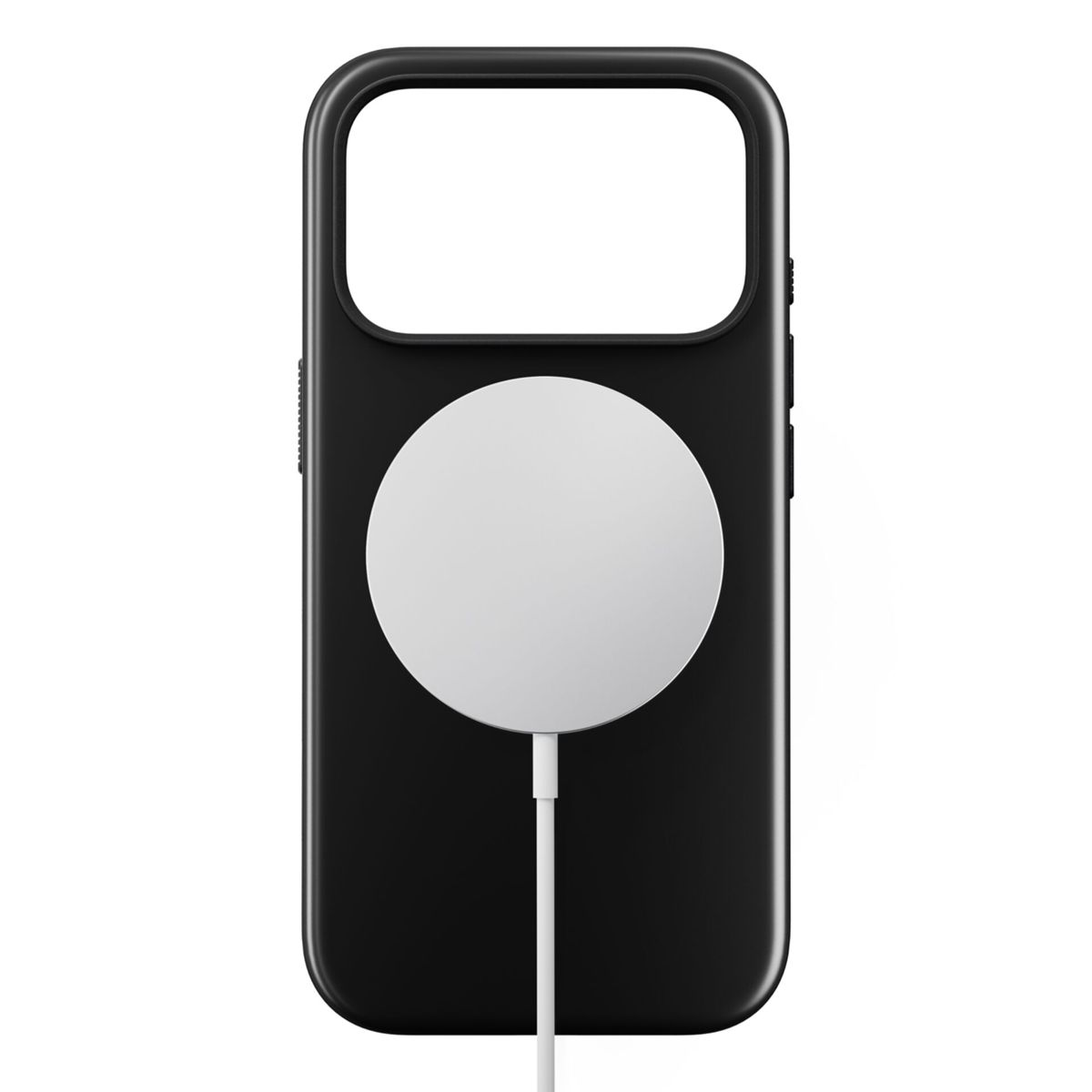 Custodia nera per telefono con un caricabatterie circolare bianco collegato e un cavo bianco. La custodia ha un ritaglio per la fotocamera.