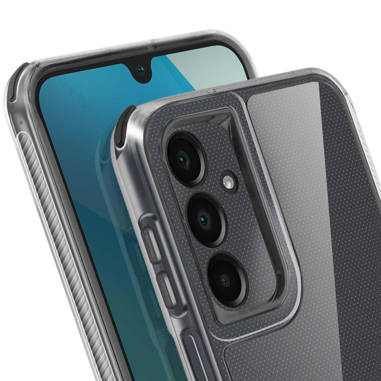 Una custodia trasparente per telefono sopra uno smartphone. La custodia ha un retro a pois e copre le lenti della fotocamera.
