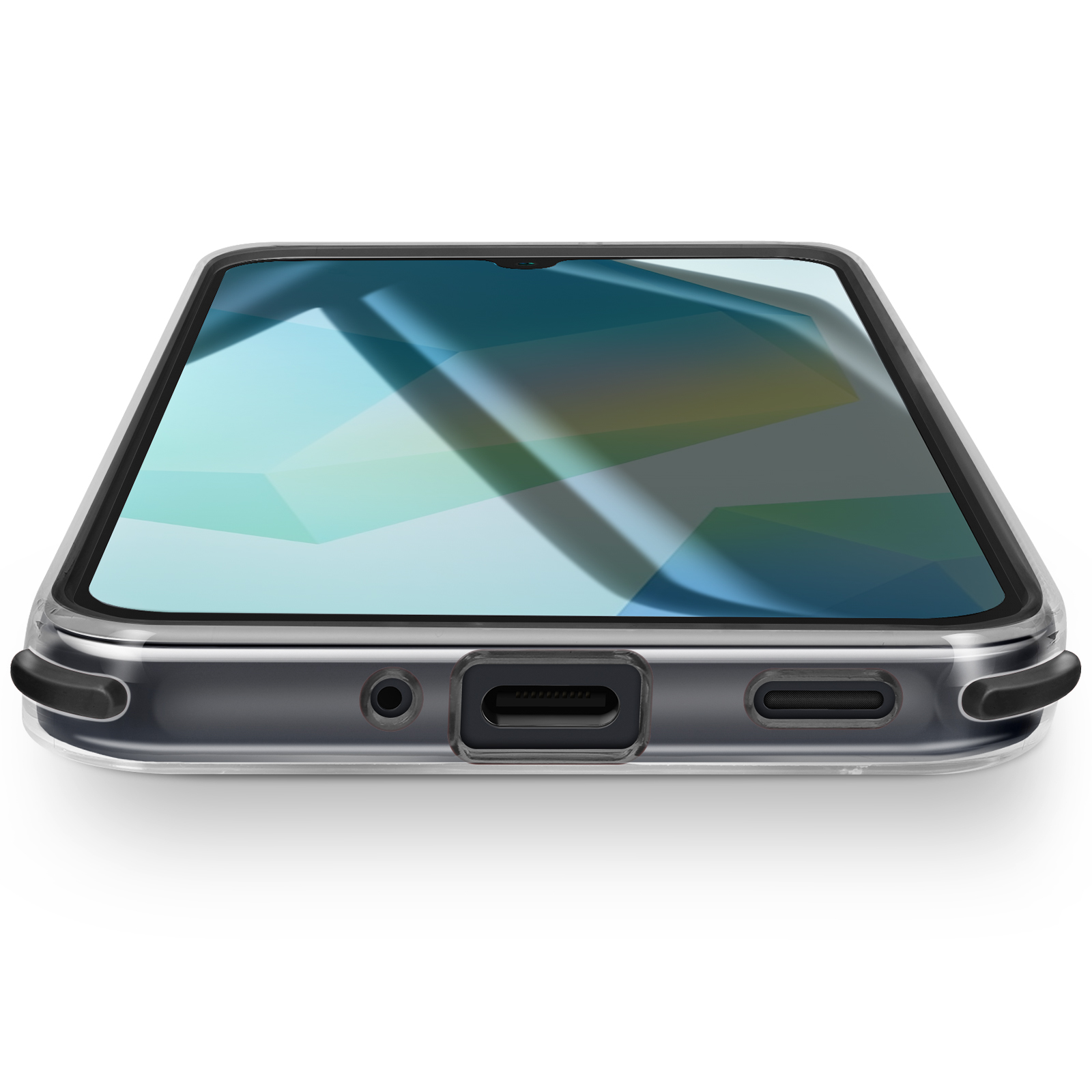 Uno smartphone in una custodia trasparente, visto da un'angolazione bassa. Lo schermo mostra un motivo geometrico.