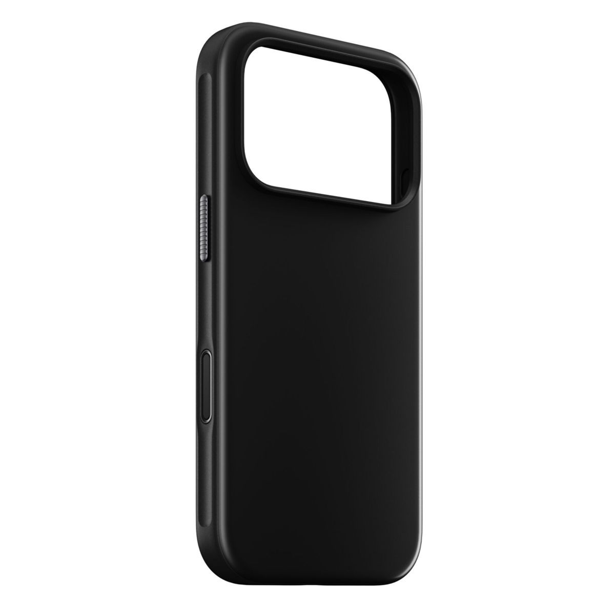 Una custodia per telefono nera con bordi arrotondati e un ampio ritaglio per la fotocamera. Il lato ha pulsanti e una superficie liscia.