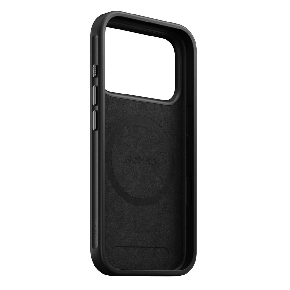 Una custodia nera per telefono, con il logo NOMAD all'interno. La custodia ha un ritaglio per la fotocamera e pulsanti laterali.