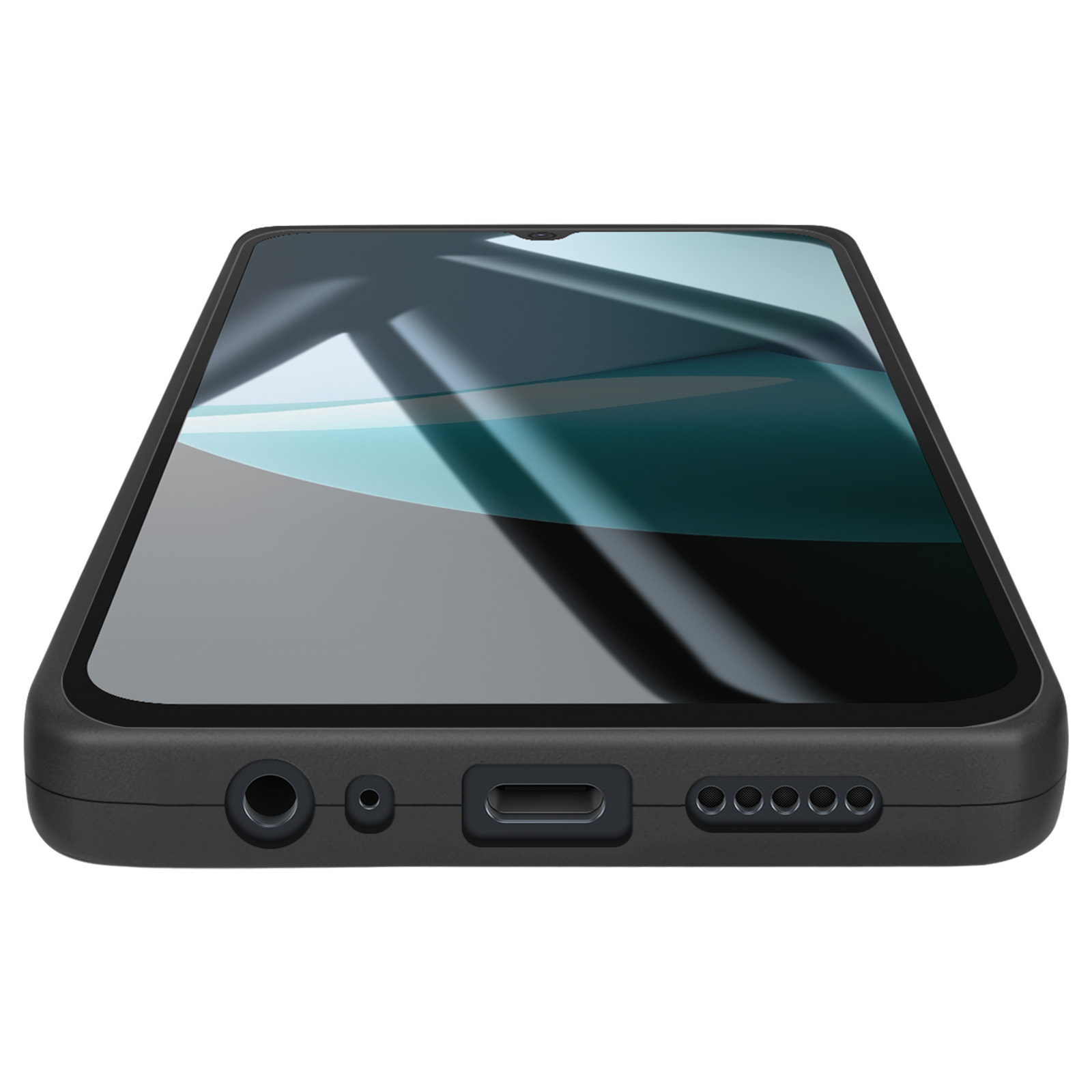 Ein schwarzes Smartphone liegt auf einer weißen Oberfläche. Der Bildschirm spiegelt ein abstraktes Design in Teal und Grau wider.