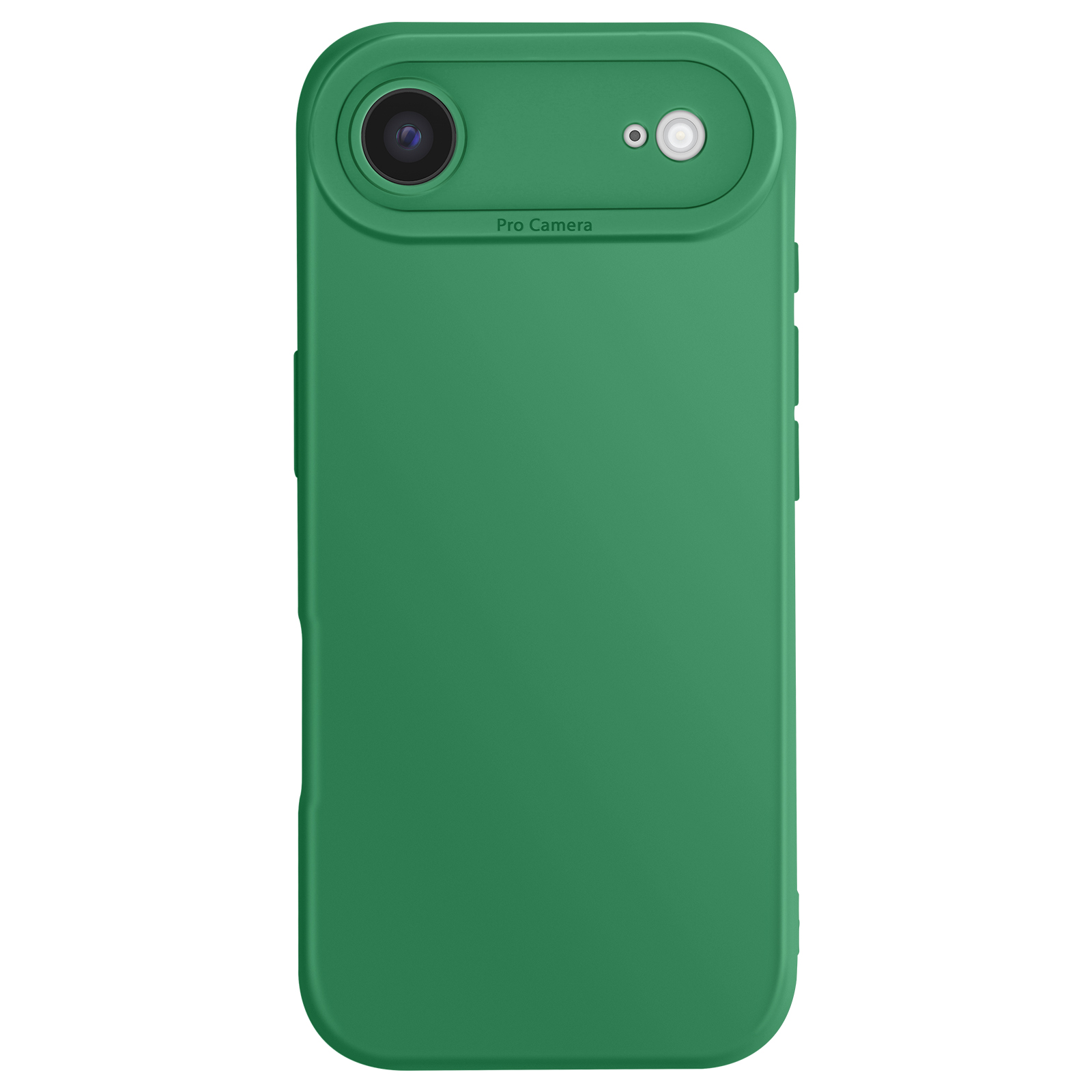 Un étui de téléphone vert avec des découpes pour l'appareil photo est centré sur un fond blanc. Il est écrit 'Pro Camera'.
