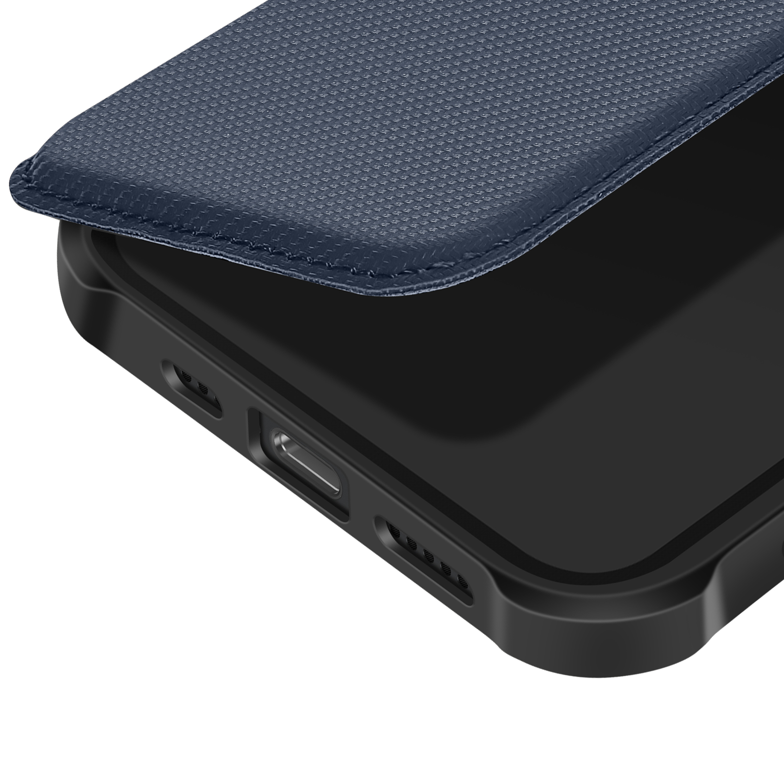 Primo piano di una custodia per telefono. Una cover blu navy strutturata è aperta, che rivela una cornice del telefono nera.