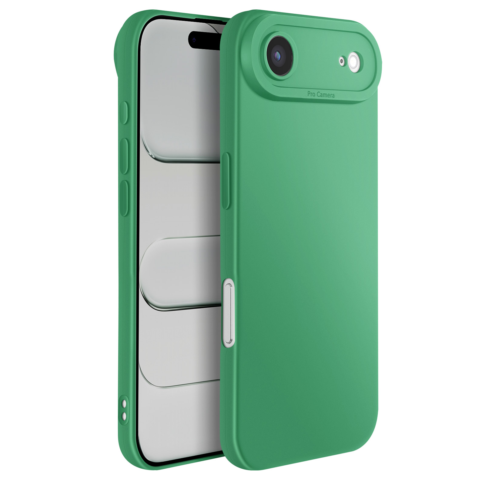 Une coque de téléphone verte avec un téléphone à l'intérieur. La coque a une découpe pour la caméra et des boutons. L'écran du téléphone est visible.