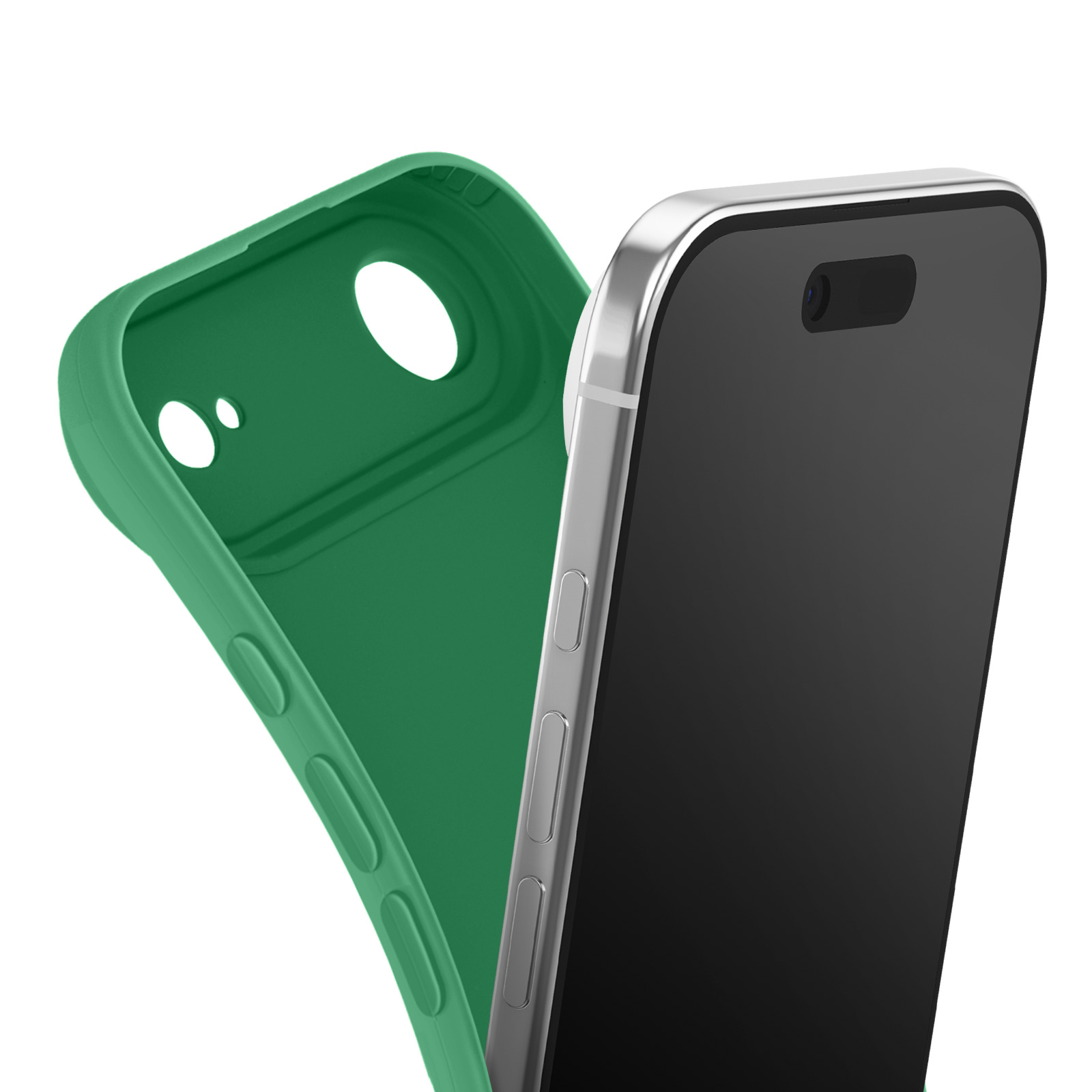 Téléphone avec écran noir et cadre argenté, coque verte. L'étui est ouvert, révélant le téléphone.