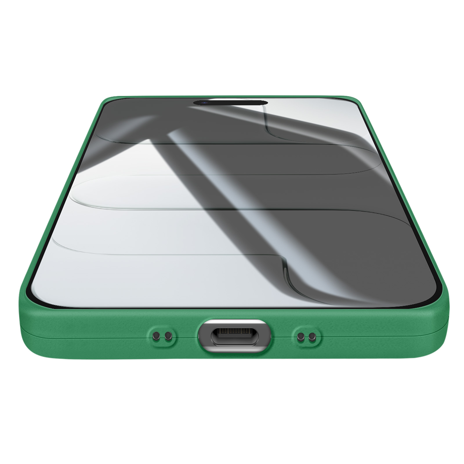 Un téléphone vert avec un protecteur d'écran est montré en angle. L'écran reflète la lumière. Le téléphone a un port.