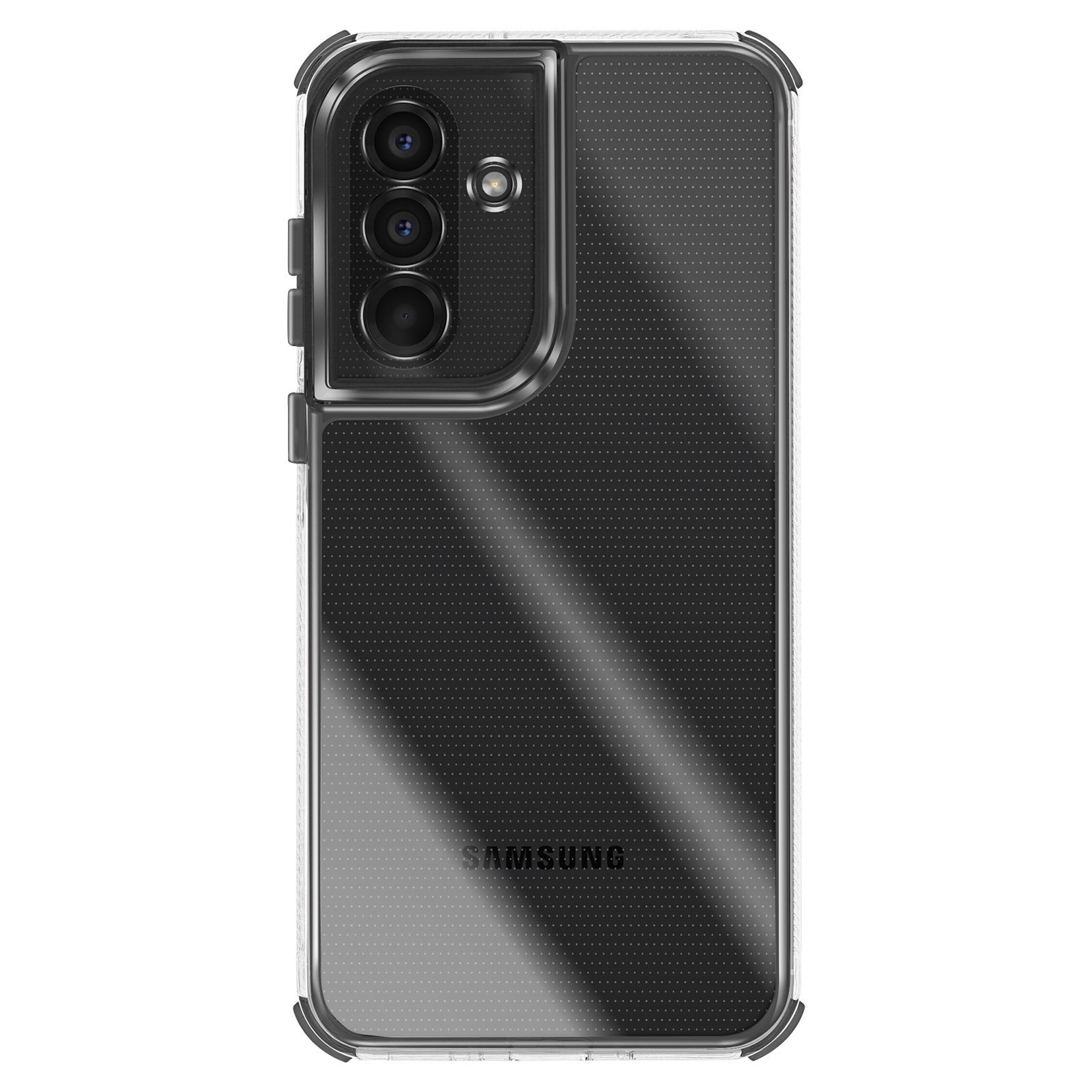 Custodia trasparente per telefono su bianco. Logo Samsung sul retro. Tre obiettivi della fotocamera in alto a sinistra.