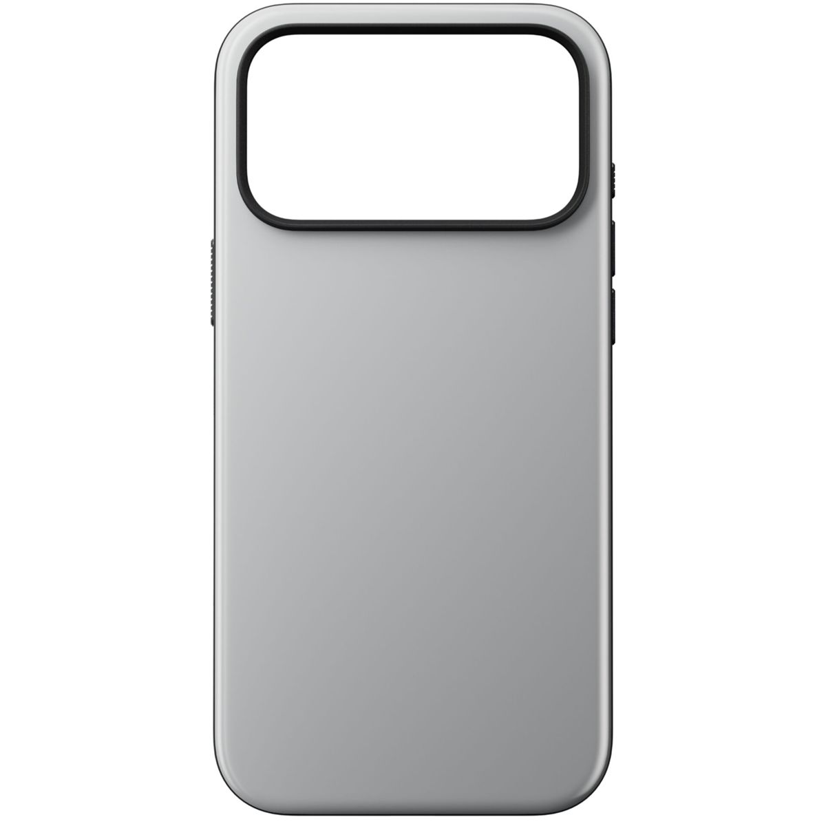 Una custodia per telefono grigio chiaro con un ritaglio nero per la fotocamera. La custodia ha angoli arrotondati e una superficie liscia. I pulsanti sono visibili.