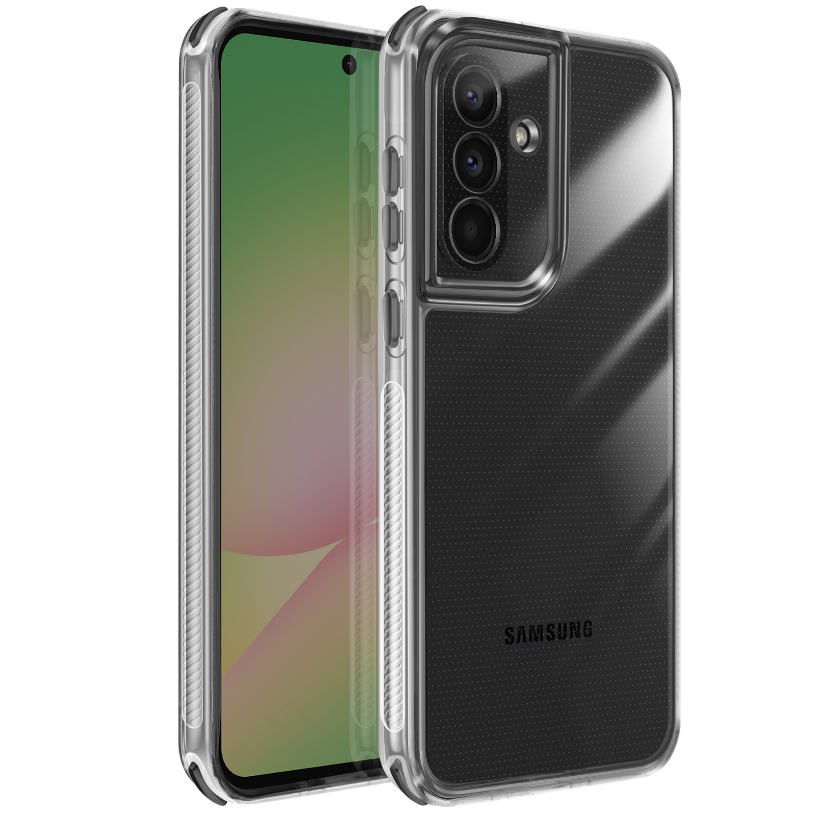 Custodia trasparente per telefono con telefono dentro. Il telefono ha uno schermo verde. La custodia dice Samsung.