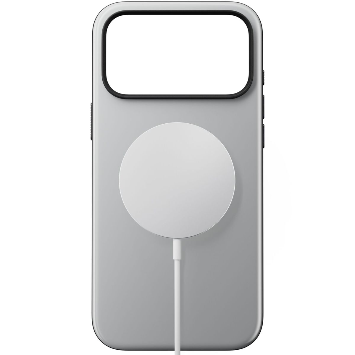 Una custodia grigia per telefono con un caricabatterie MagSafe bianco attaccato. La custodia ha un ritaglio nero per la fotocamera e finiture nere.