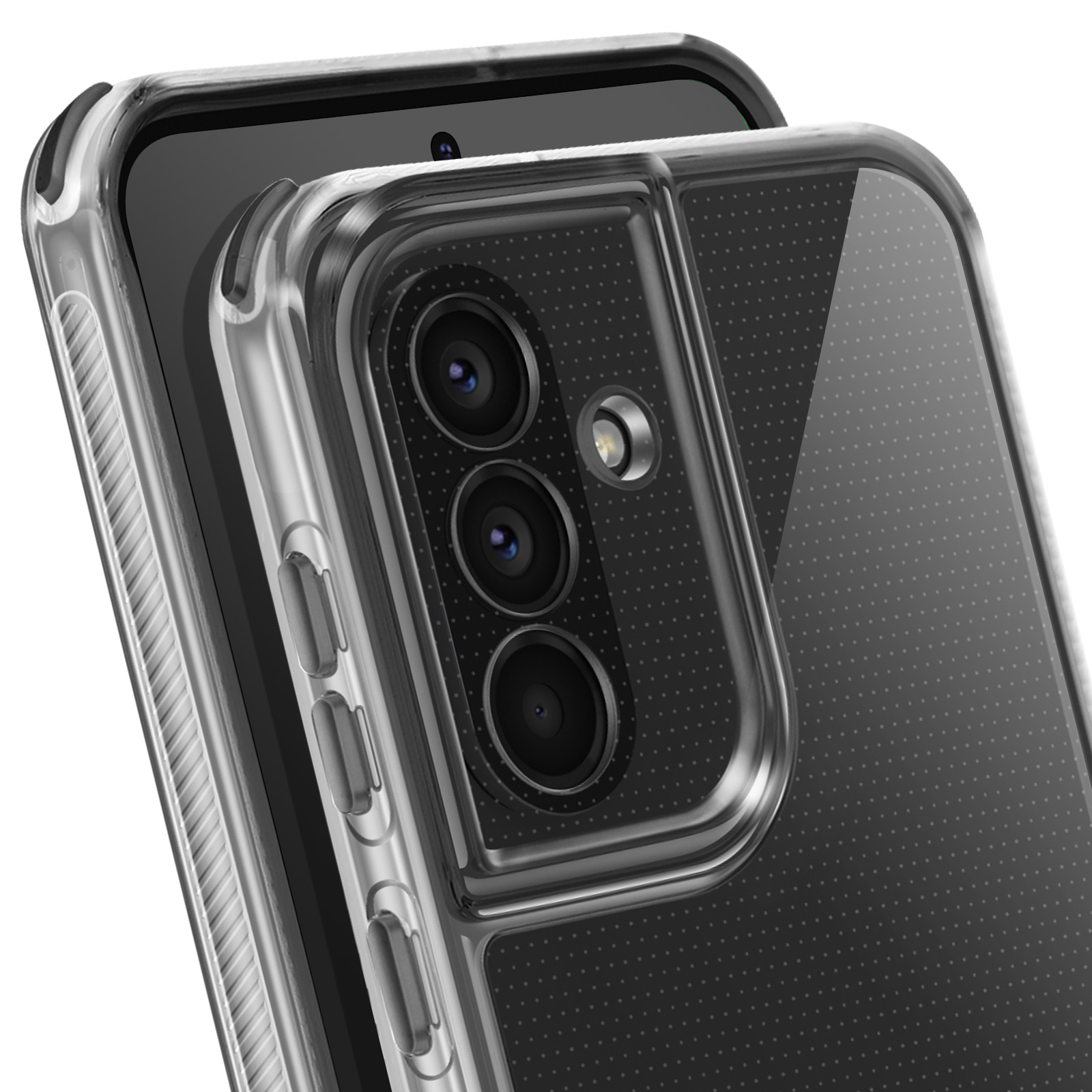 Primo piano di una custodia trasparente su uno smartphone. Sono visibili le lenti della fotocamera e lo schermo del telefono.