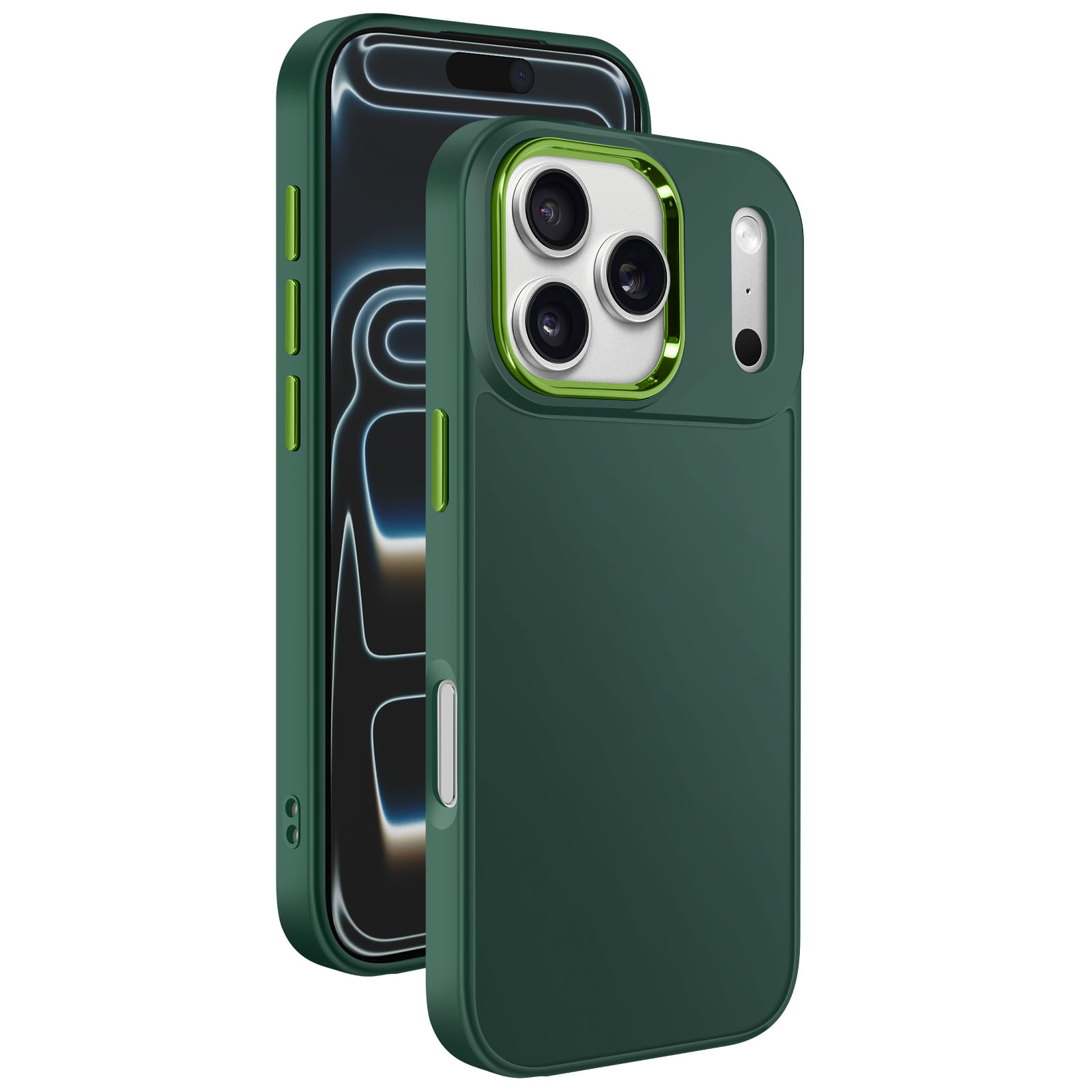 Una custodia per telefono verde scuro su un telefono. Il telefono è spento. La custodia ha ritagli per la fotocamera e accenti verdi.