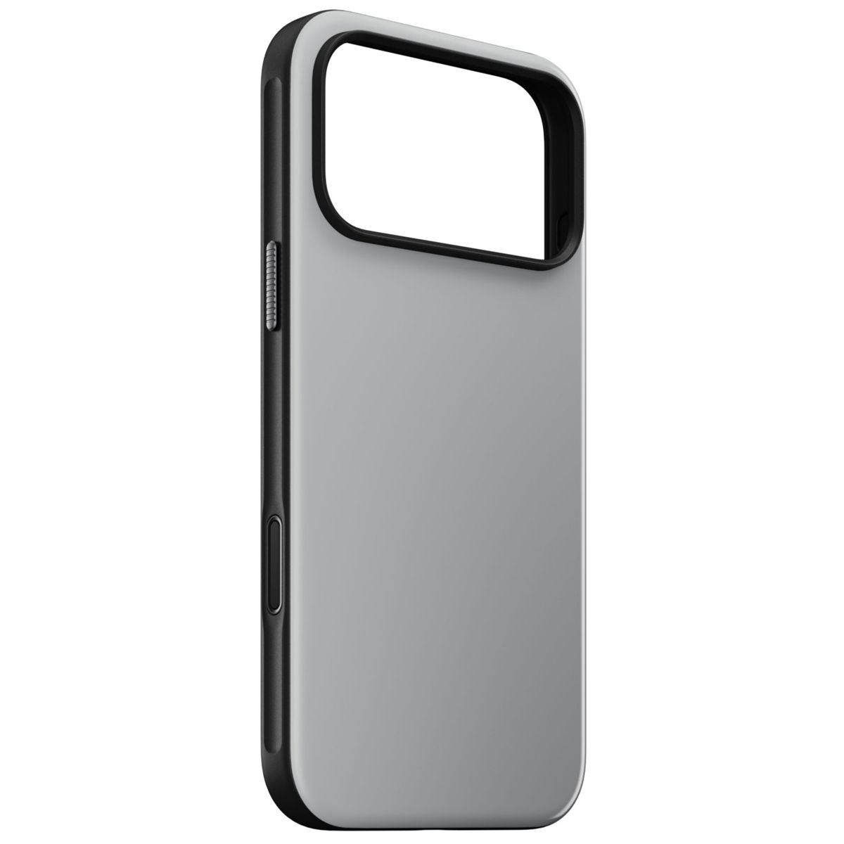 È mostrata una custodia grigia per telefono con finiture nere, con un ritaglio per la fotocamera e pulsanti laterali. Lo sfondo è bianco.