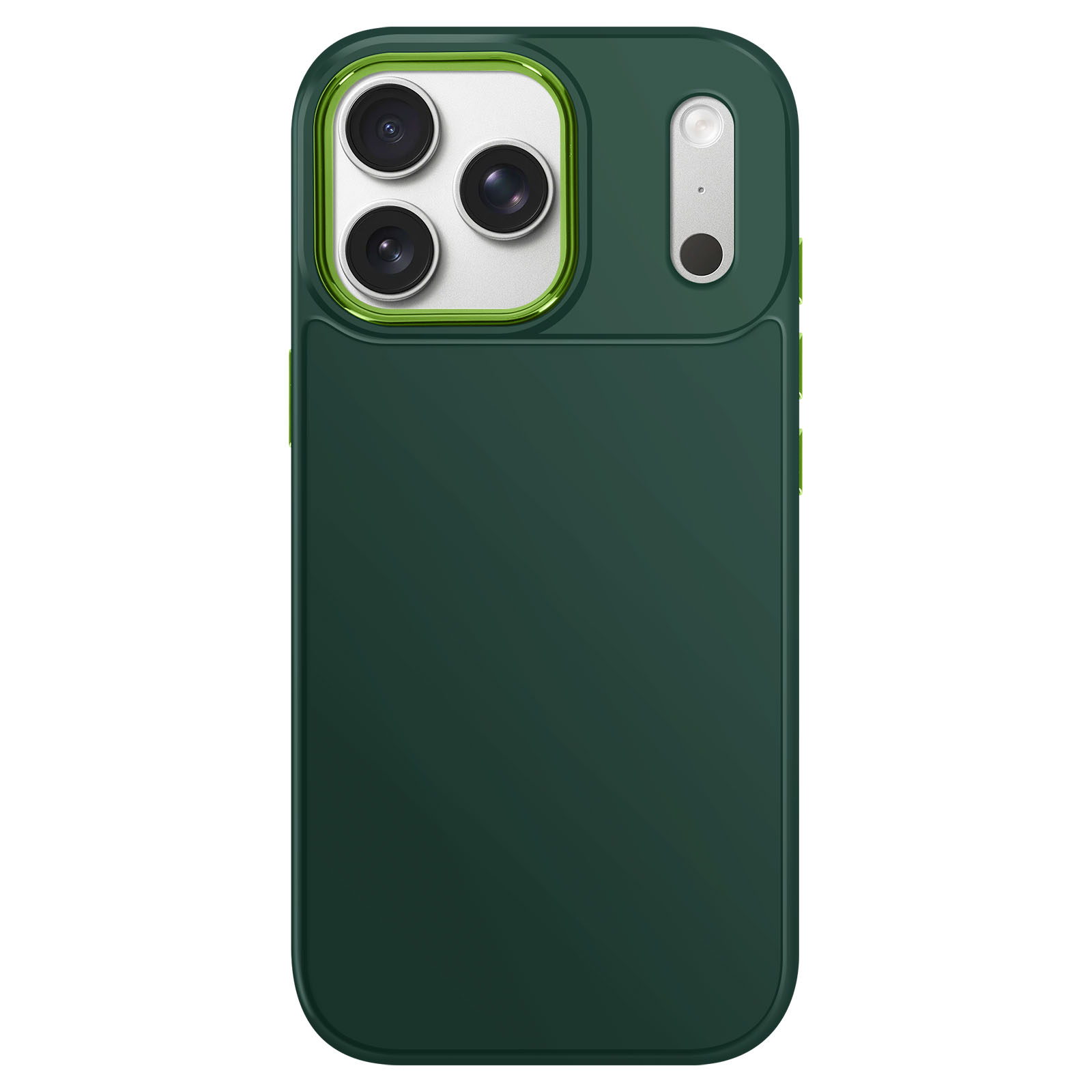 Una custodia per telefono verde scuro con ritagli per la fotocamera. Ha tre obiettivi e un flash.