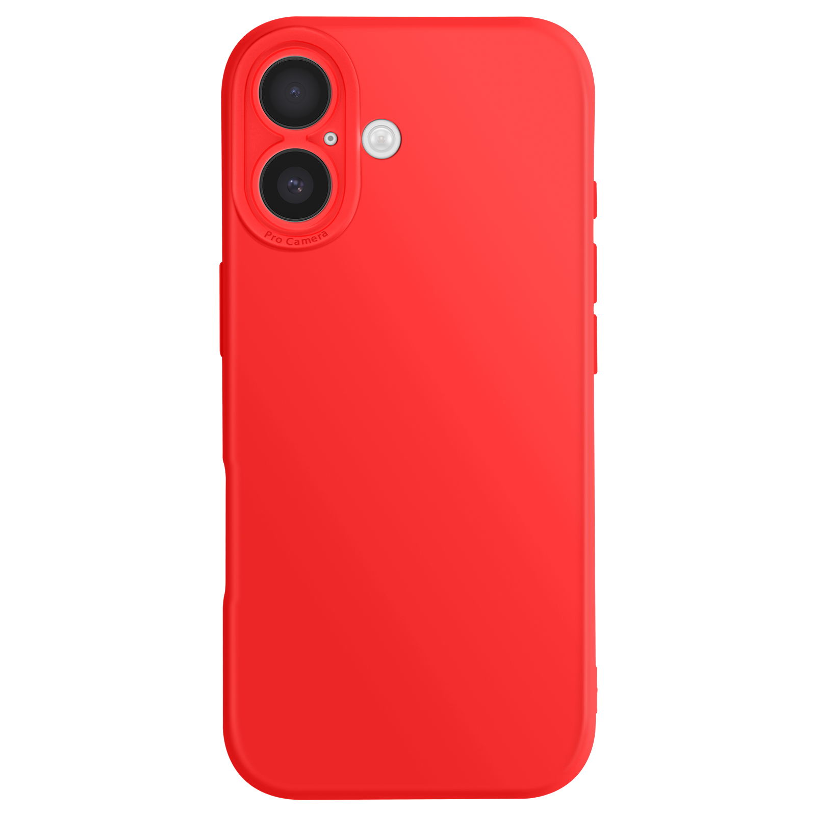 Rode telefoonhoes met twee cameralenzen en een flitser. De hoes heeft afgeronde hoeken en knoppen.