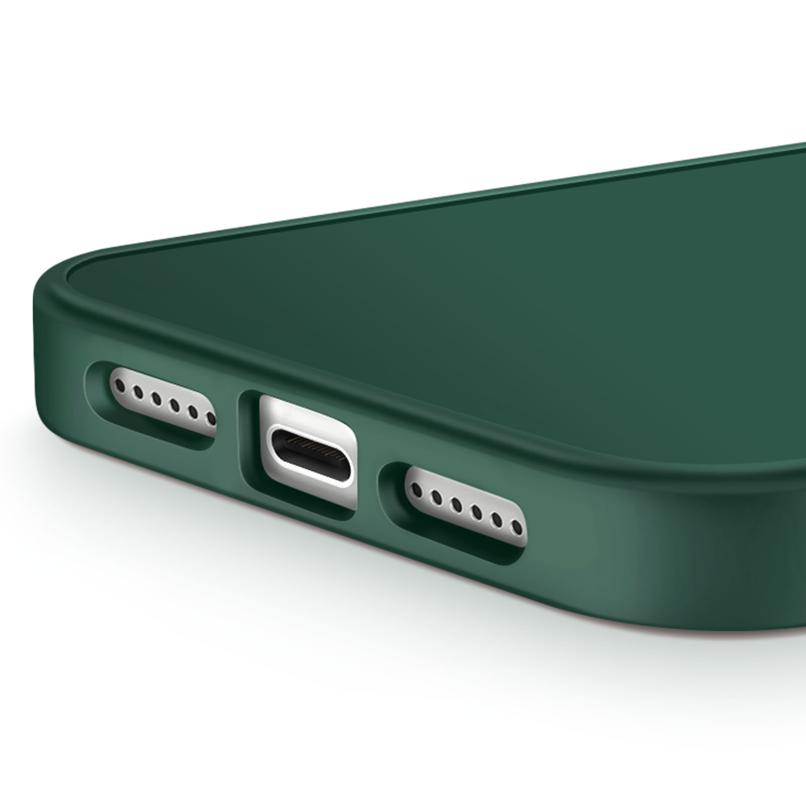 Primo piano di una custodia per telefono verde scuro, che mostra la porta di ricarica e i fori degli altoparlanti. Sfondo bianco.
