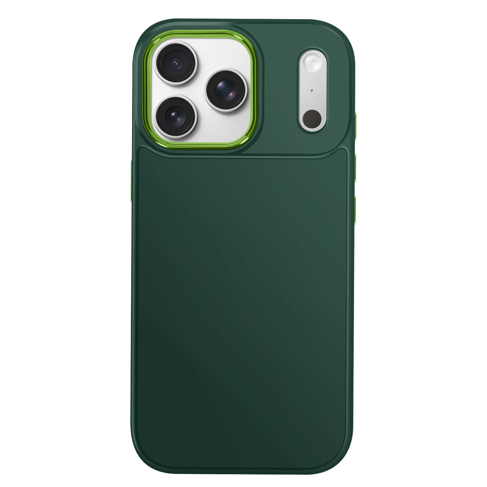 Custodia per telefono verde scuro con ritagli per fotocamera. Dispone di tre lenti e un flash. Accenti verdi attorno alla fotocamera.