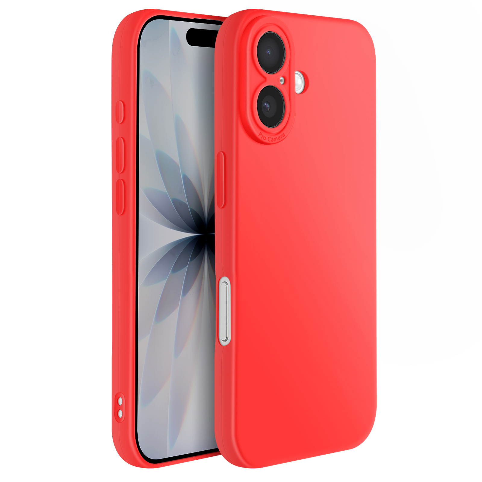 Een rode telefoonhoes en een telefoon met een bloemachtig behang worden weergegeven. De hoes heeft uitsparingen voor de camera.