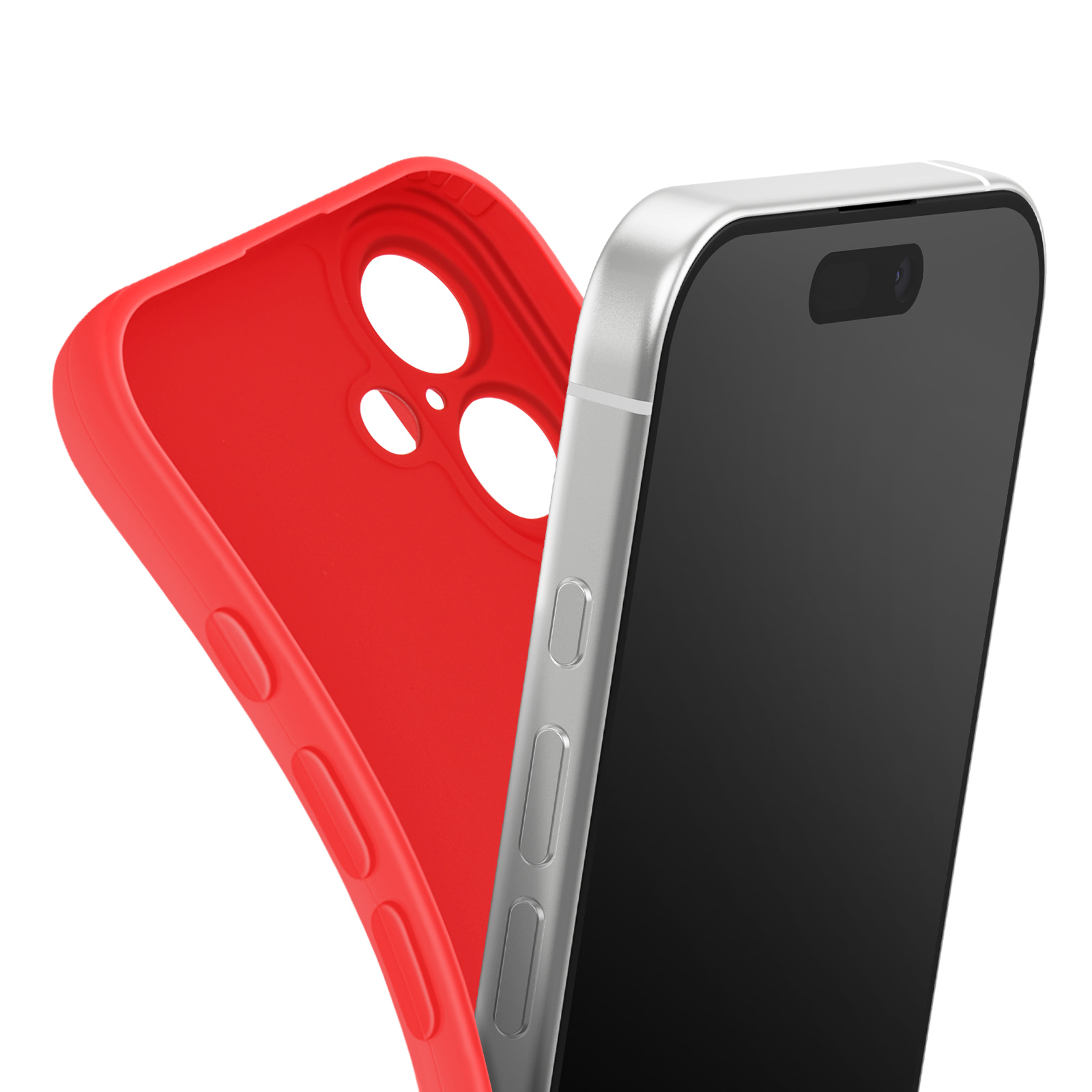 Een rode telefoonhoes naast een zilveren telefoon met een zwart scherm. De hoes is open.