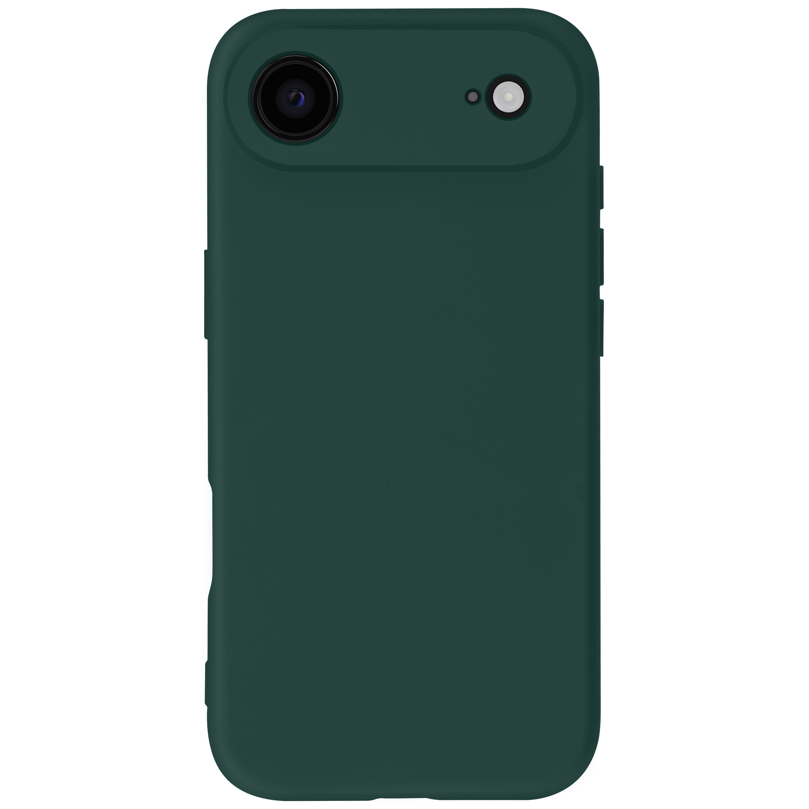 Una custodia per telefono verde scuro con due fori per la fotocamera. La custodia ha bordi arrotondati e una superficie liscia.