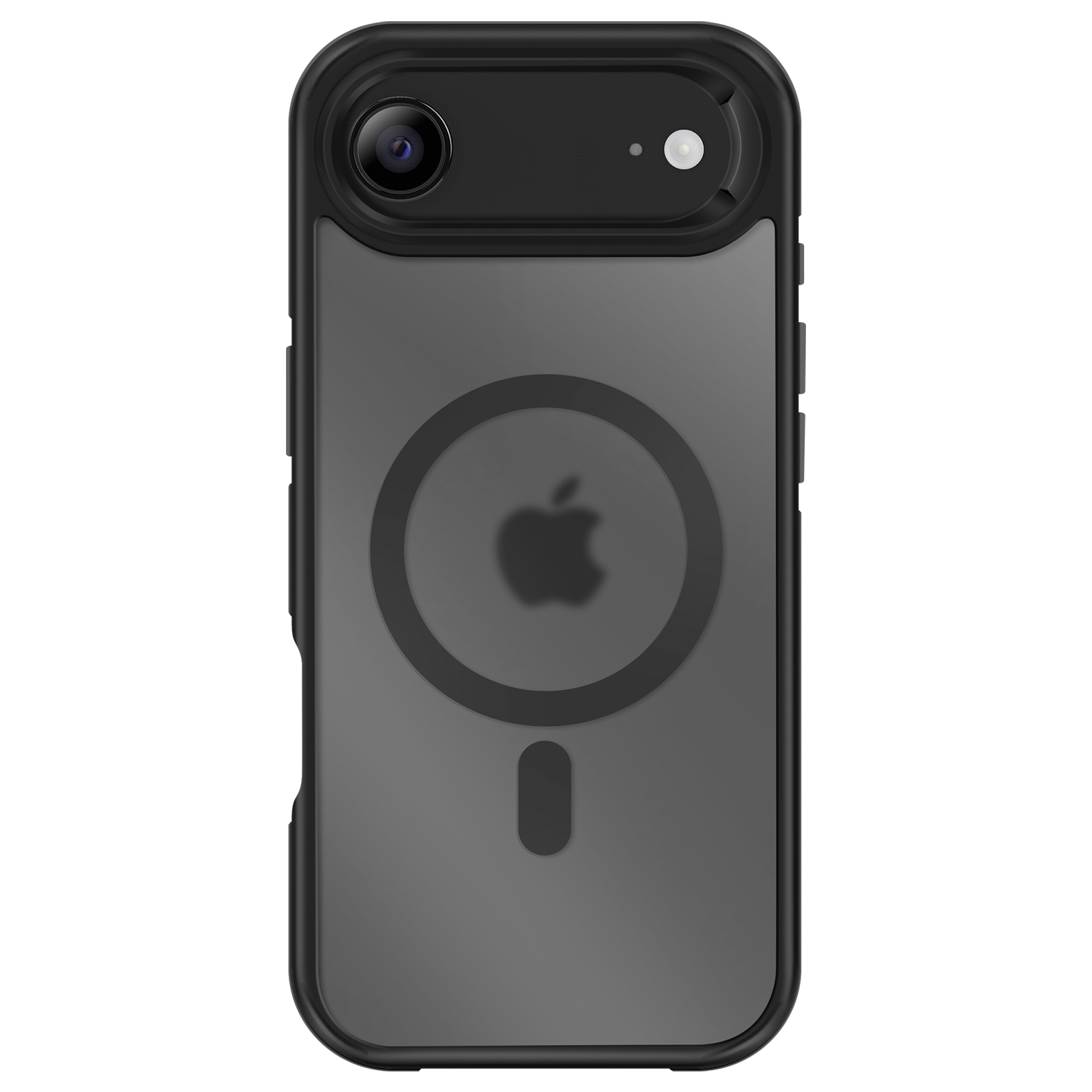 Custodia nera per telefono con logo Apple. Presenta un ritaglio per la fotocamera e un'area di ricarica magnetica.