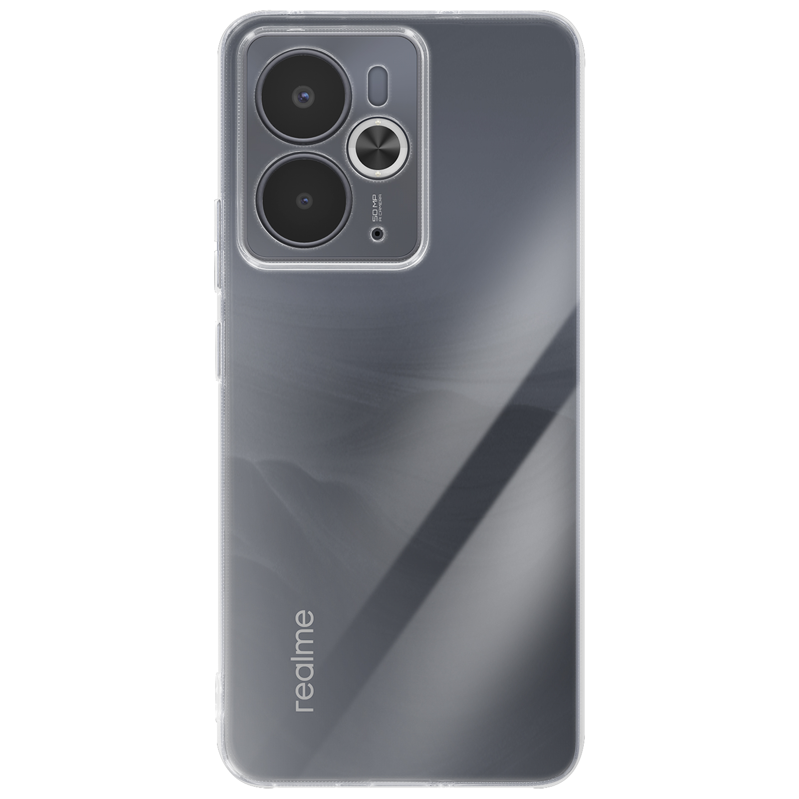 Uno smartphone in una custodia trasparente. Sono visibili due grandi obiettivi della fotocamera. Il telefono è grigio. Il marchio 'realme' è in basso.