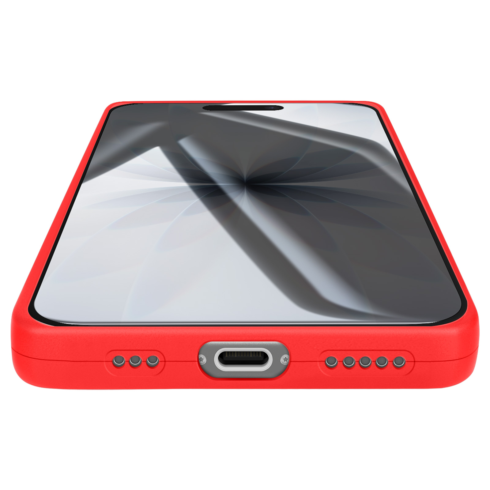 Een rode smartphone, scherm naar boven, met een reflecterend oppervlak. Het heeft een oplaadpoort en kleine gaatjes onderaan.
