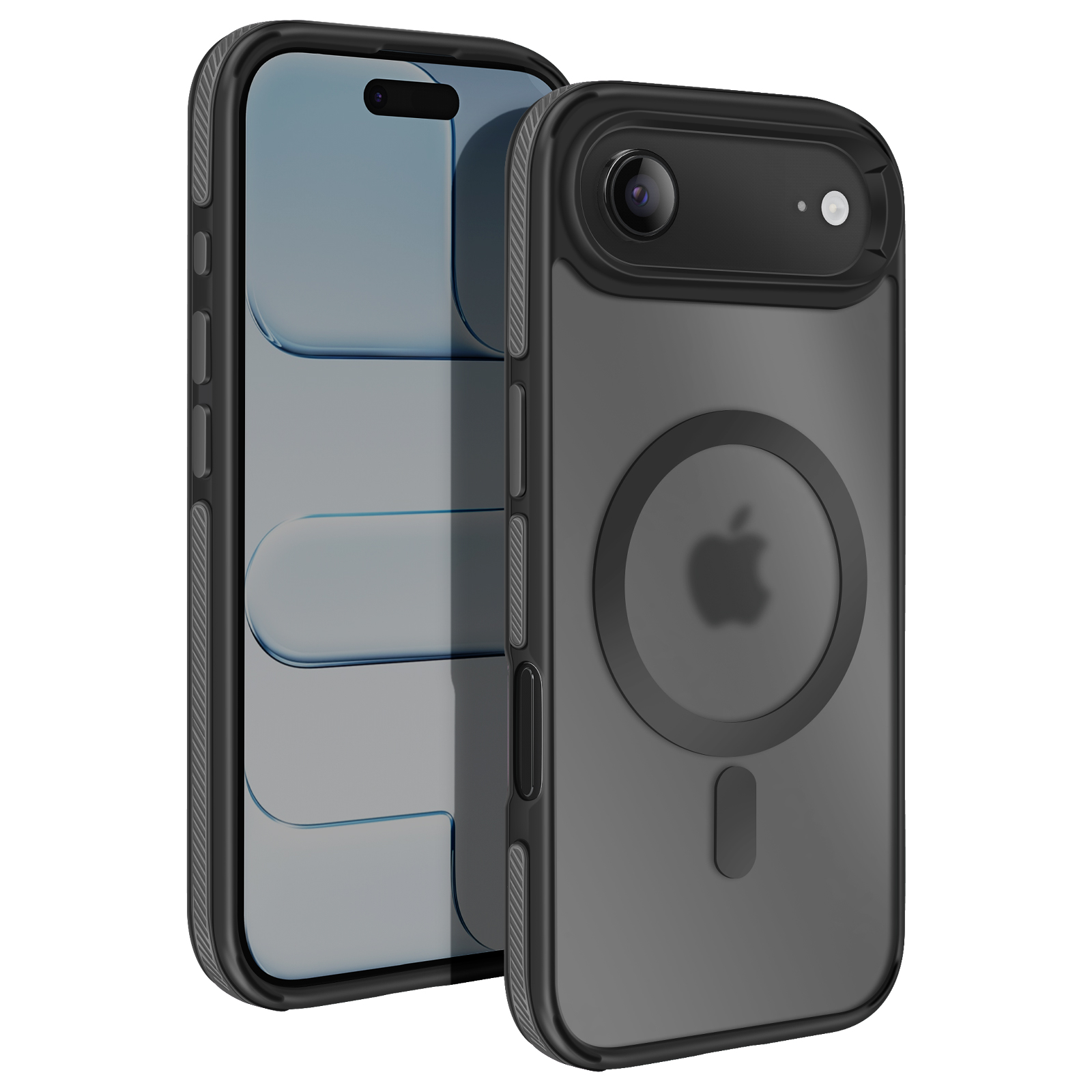 Una custodia nera per telefono con obiettivo della fotocamera e logo Apple è mostrata accanto a uno schermo del telefono.