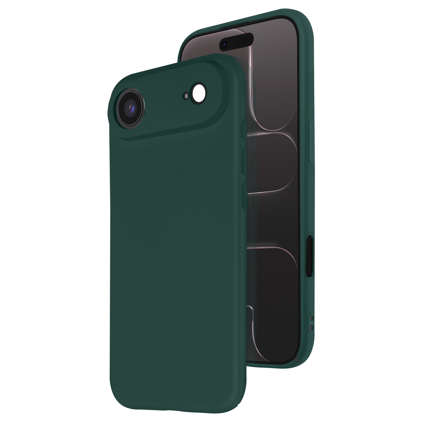 Una custodia verde per telefono con un telefono inserito, che mostra la fotocamera e i pulsanti. Lo sfondo è bianco.