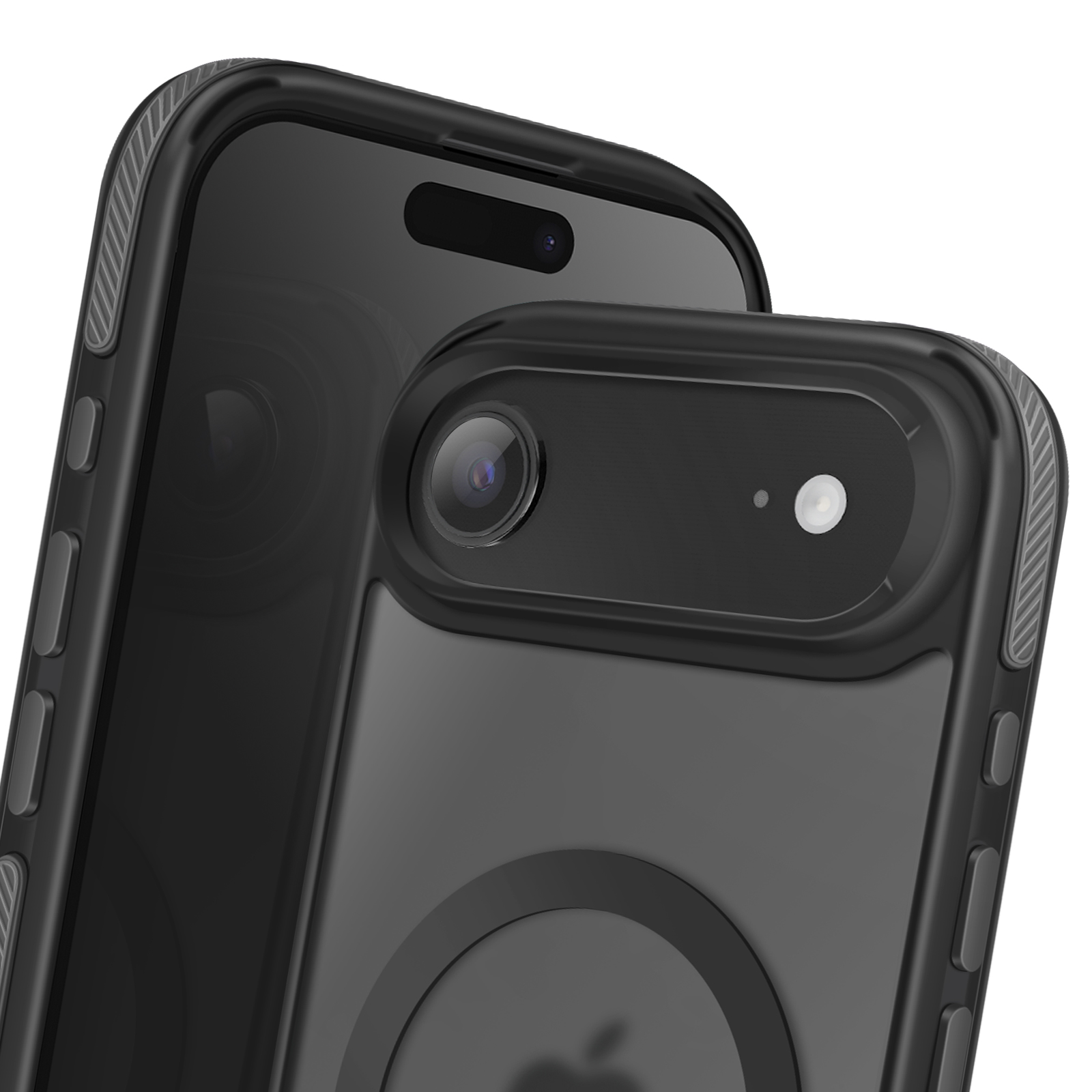 Due smartphone neri in custodie protettive. Un telefono è davanti all'altro.