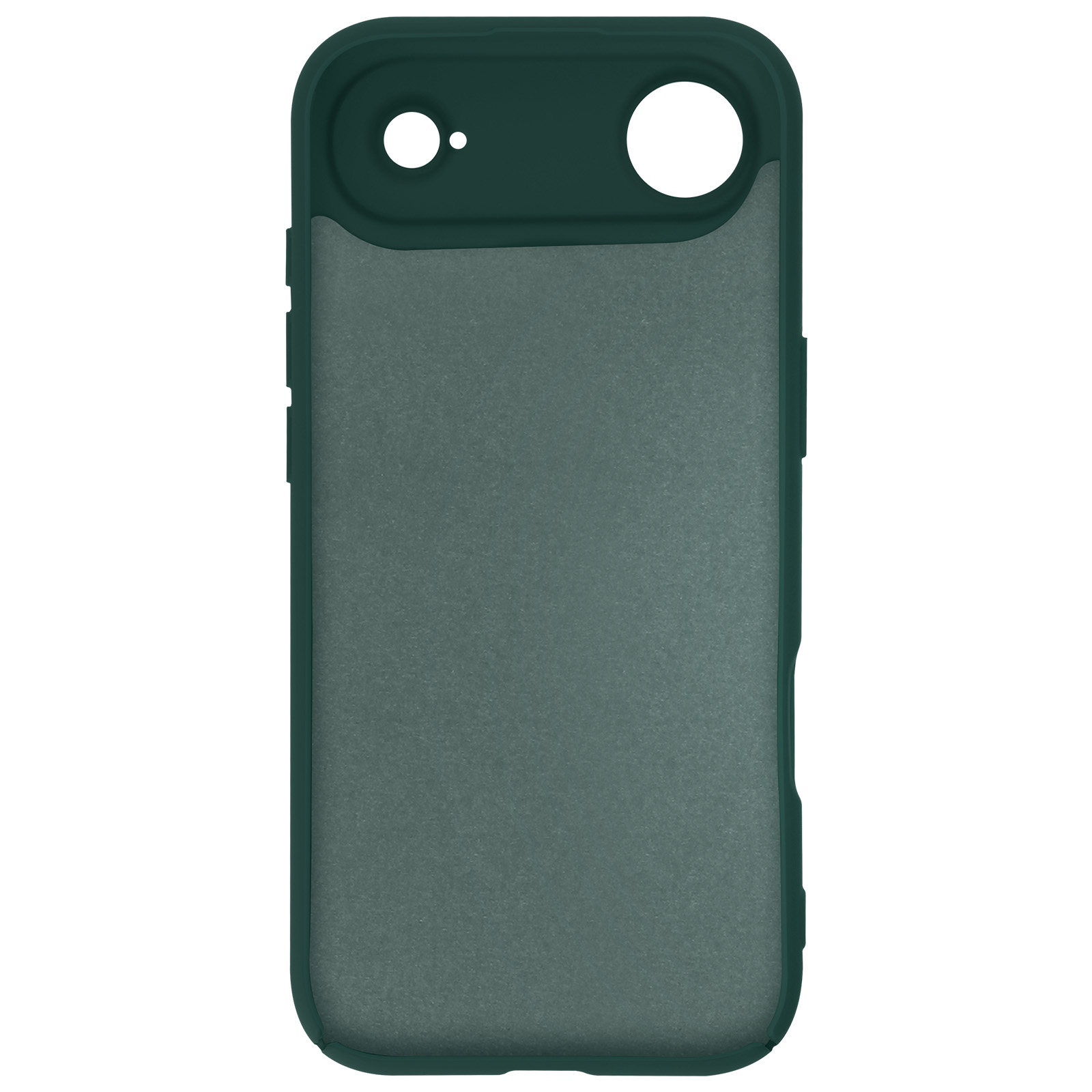Custodia per telefono verde scuro. Ha un foro per la fotocamera e un piccolo punto. La custodia è su sfondo bianco.