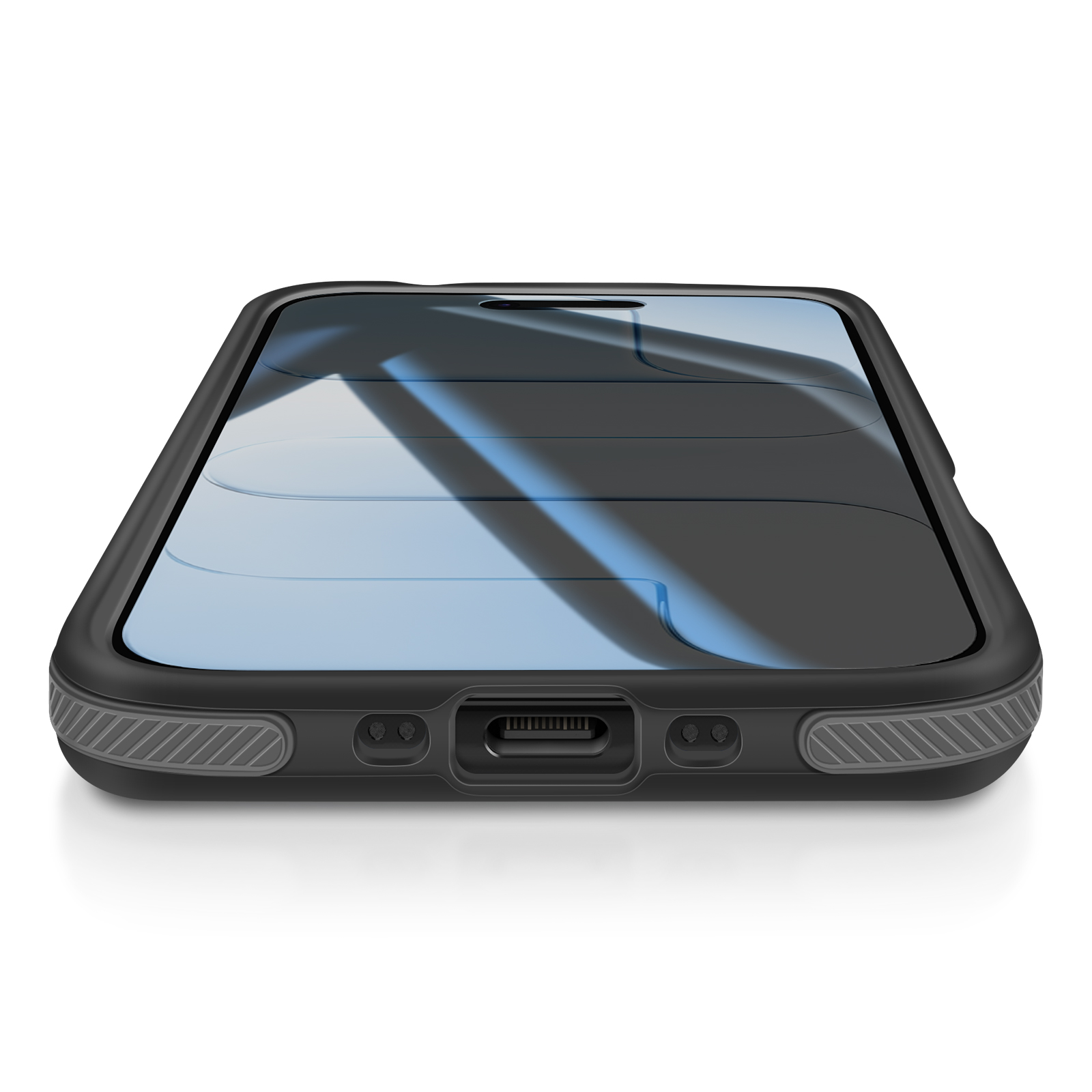 Uno smartphone nero in una custodia, visto dal basso. Lo schermo riflette la luce blu. Sfondo bianco.