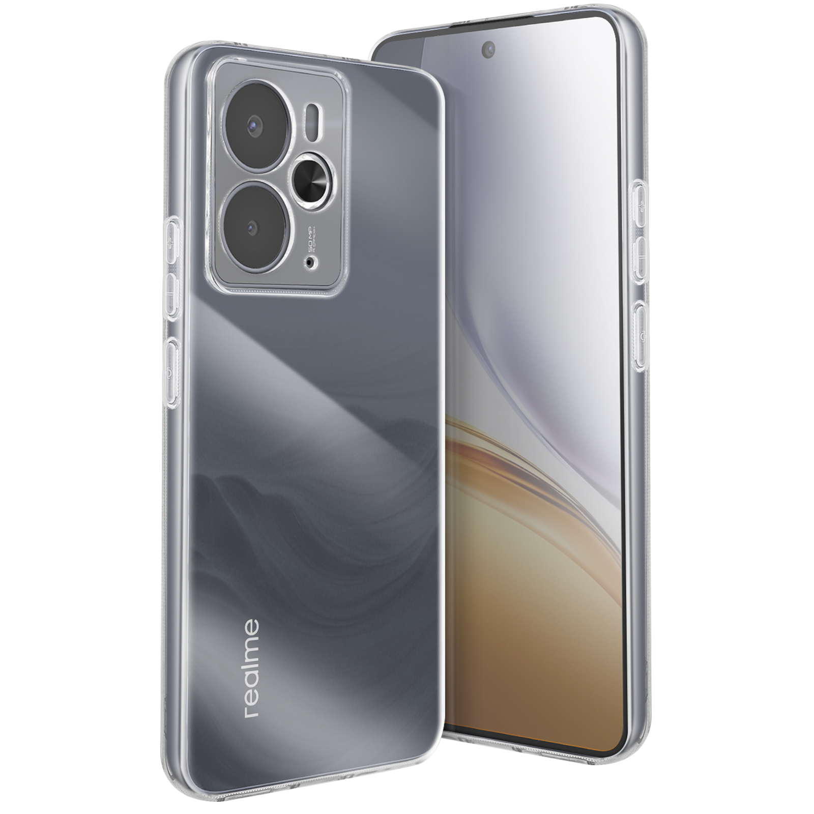 Due smartphone in custodie trasparenti. Uno mostra il retro con le fotocamere, l'altro lo schermo. Il marchio è Realme.