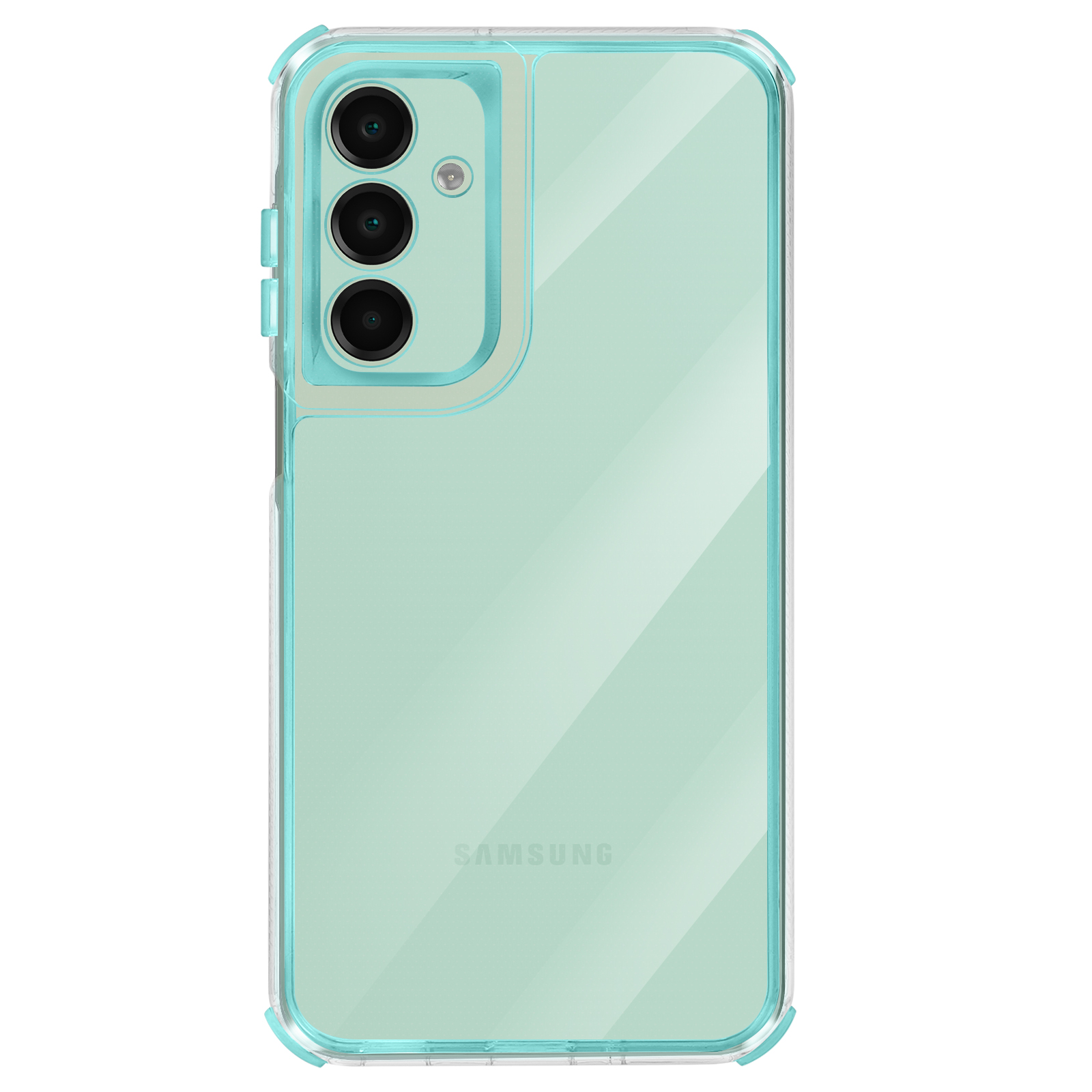 Un telefono verde menta in una custodia protettiva trasparente. Tre fotocamere e il logo Samsung sono visibili.
